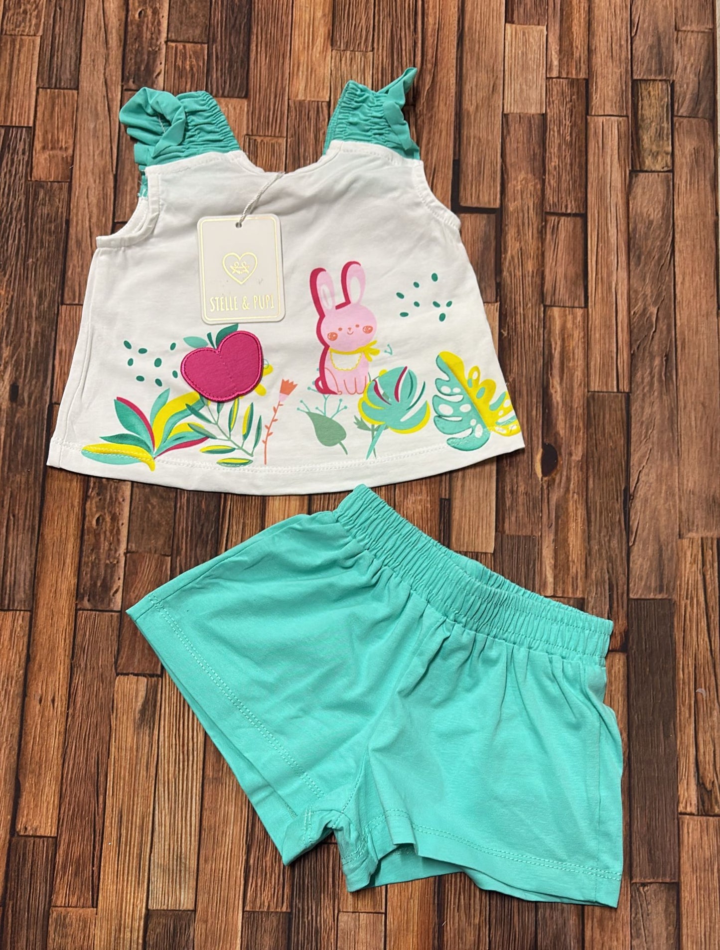 Completo Neonata Estivo Canottiera e Pantaloncino in Cotone – Verde Acqua – ART. SBBA-369-P1