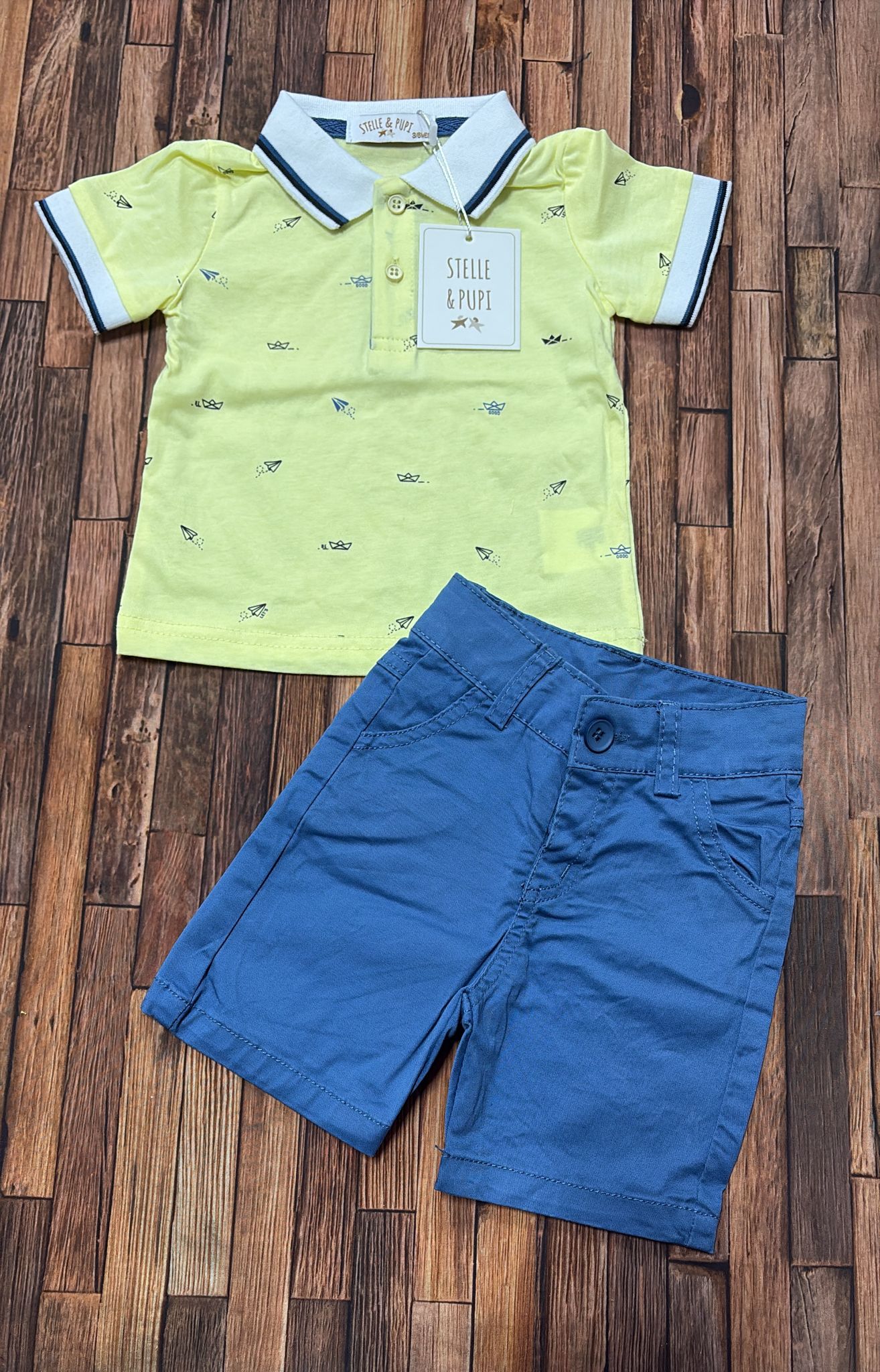 Completo Neonato Bimbo Estivo Polo e Bermuda in Cotone – Giallo/Blu – ART. BBO-812
