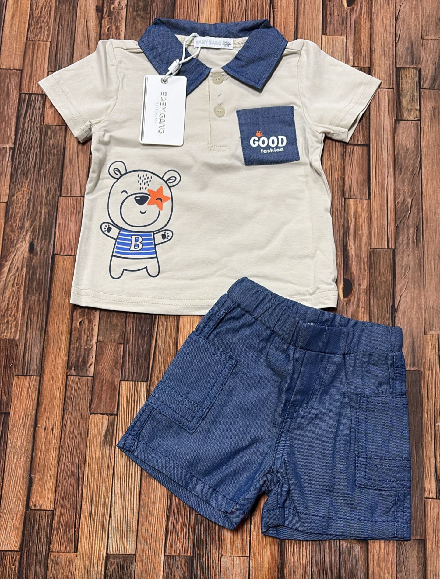 Completo Neonato Bimbo Estivo Polo e Bermuda in Cotone – Beige e Verde – ART. S-9245