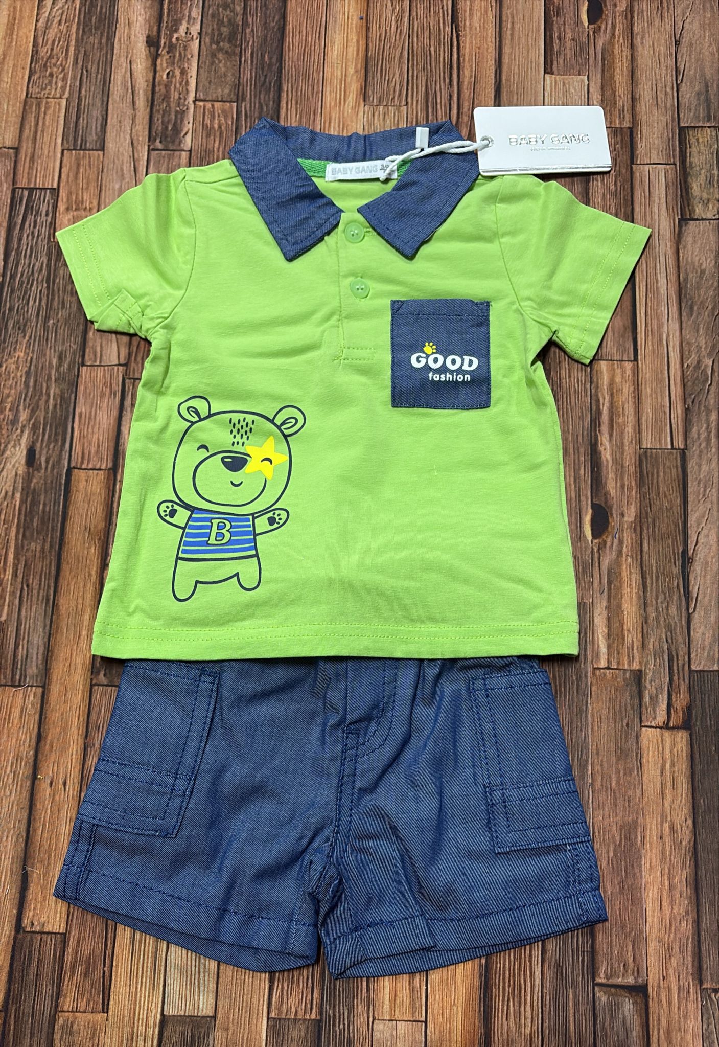 Completo Neonato Bimbo Estivo Polo e Bermuda in Cotone – Beige e Verde – ART. S-9245