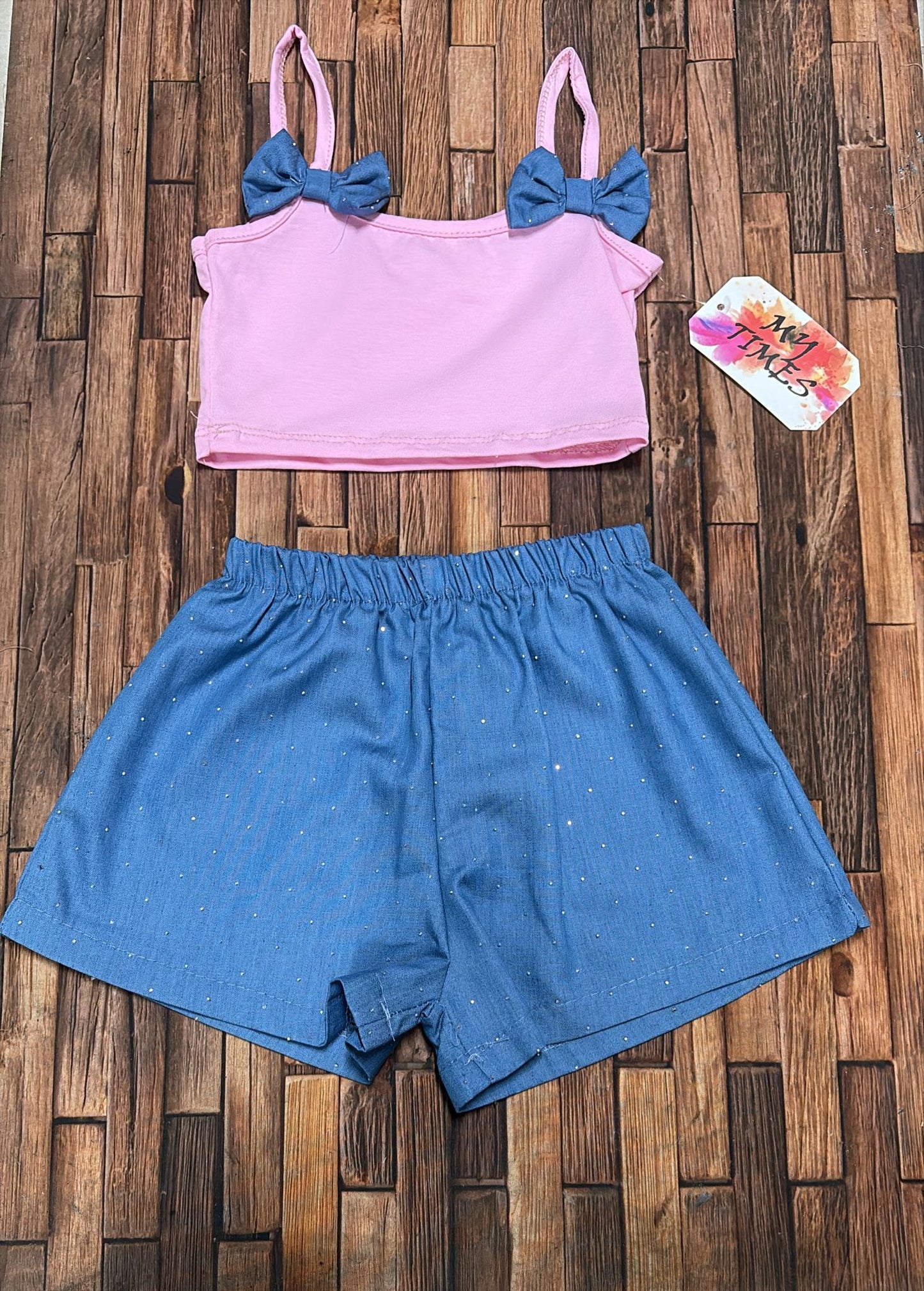 Completo Bimba Top con Fiocchi e Pantaloncini Denim | Rosa e Cielo Made in Italy