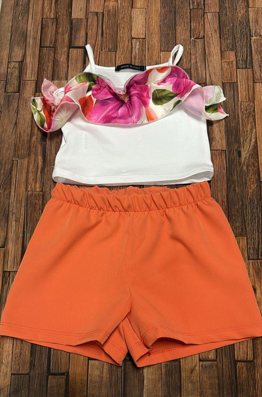 Completo Bimba Top con Volant e Pantaloncini Made in Italy | Arancione, Giallo, Verde, Pesca e Lilla