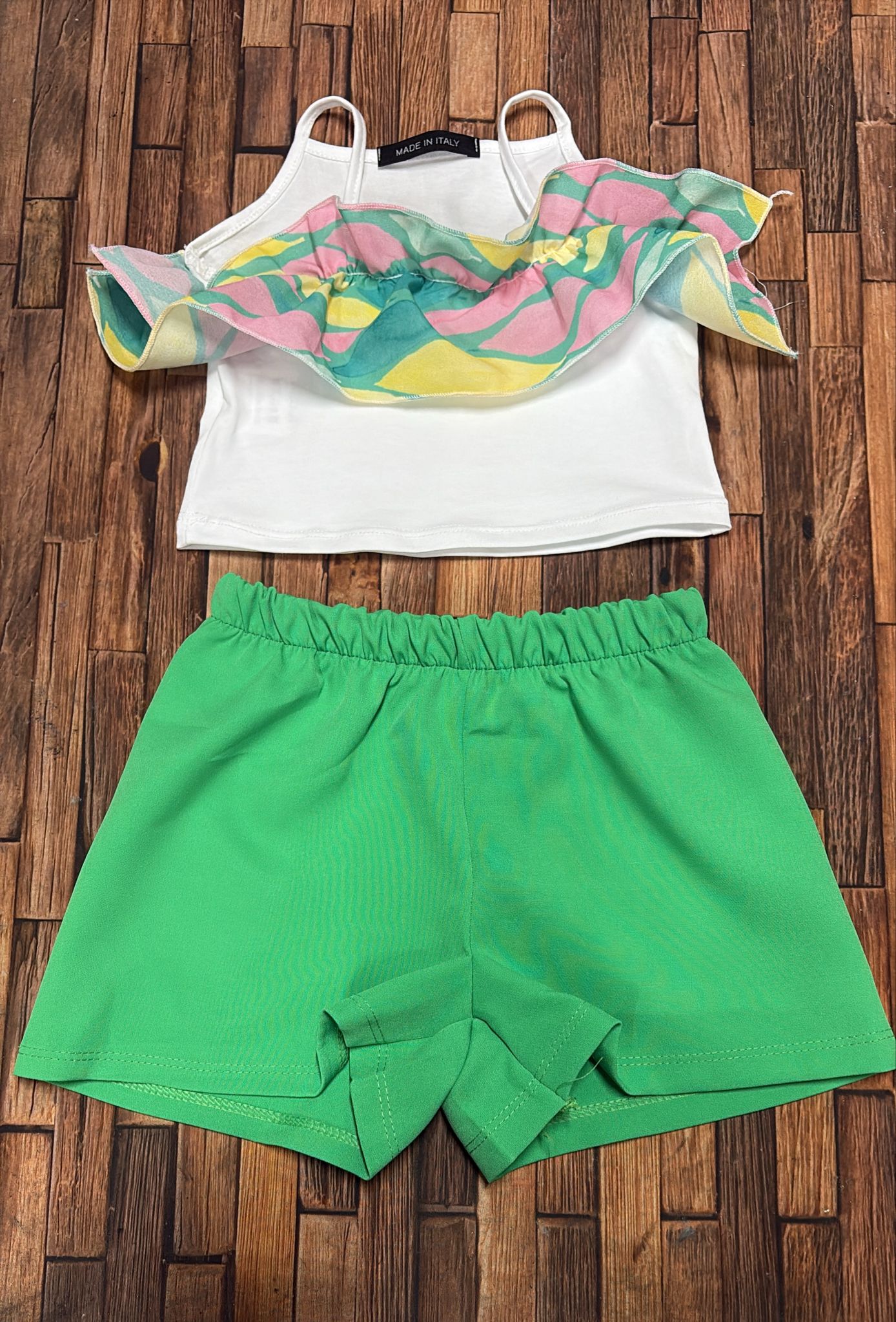 Completo Bimba Top con Volant e Pantaloncini Made in Italy | Arancione, Giallo, Verde, Pesca e Lilla