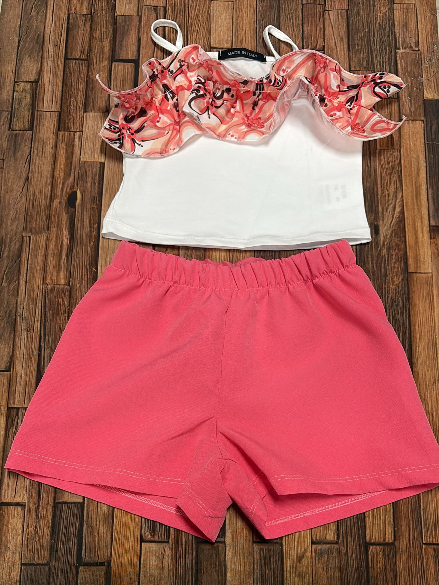 Completo Bimba Top con Volant e Pantaloncini Made in Italy | Arancione, Giallo, Verde, Pesca e Lilla