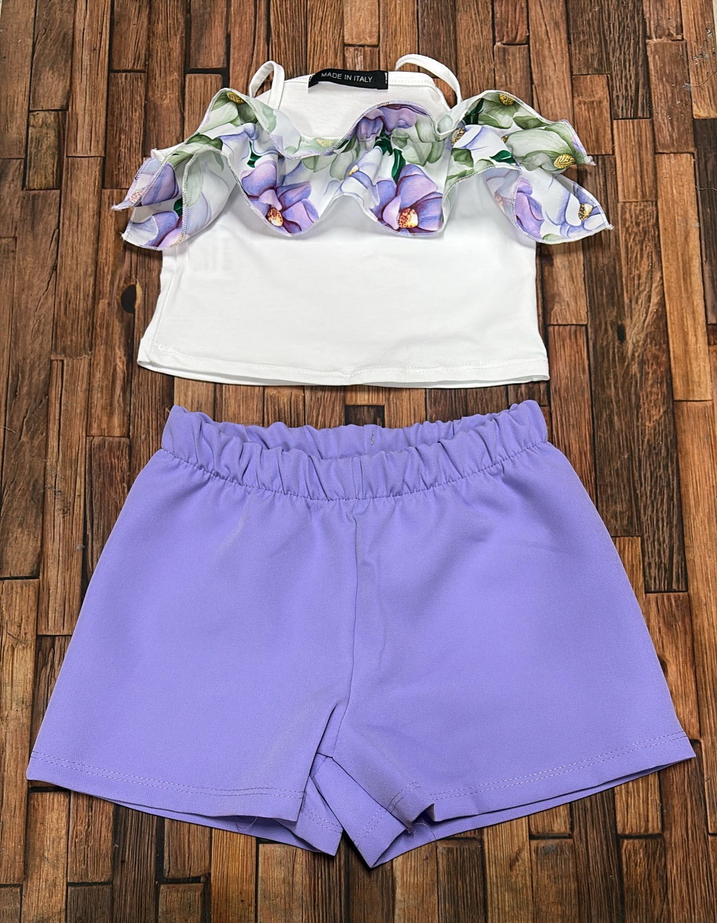 Completo Bimba Top con Volant e Pantaloncini Made in Italy | Arancione, Giallo, Verde, Pesca e Lilla