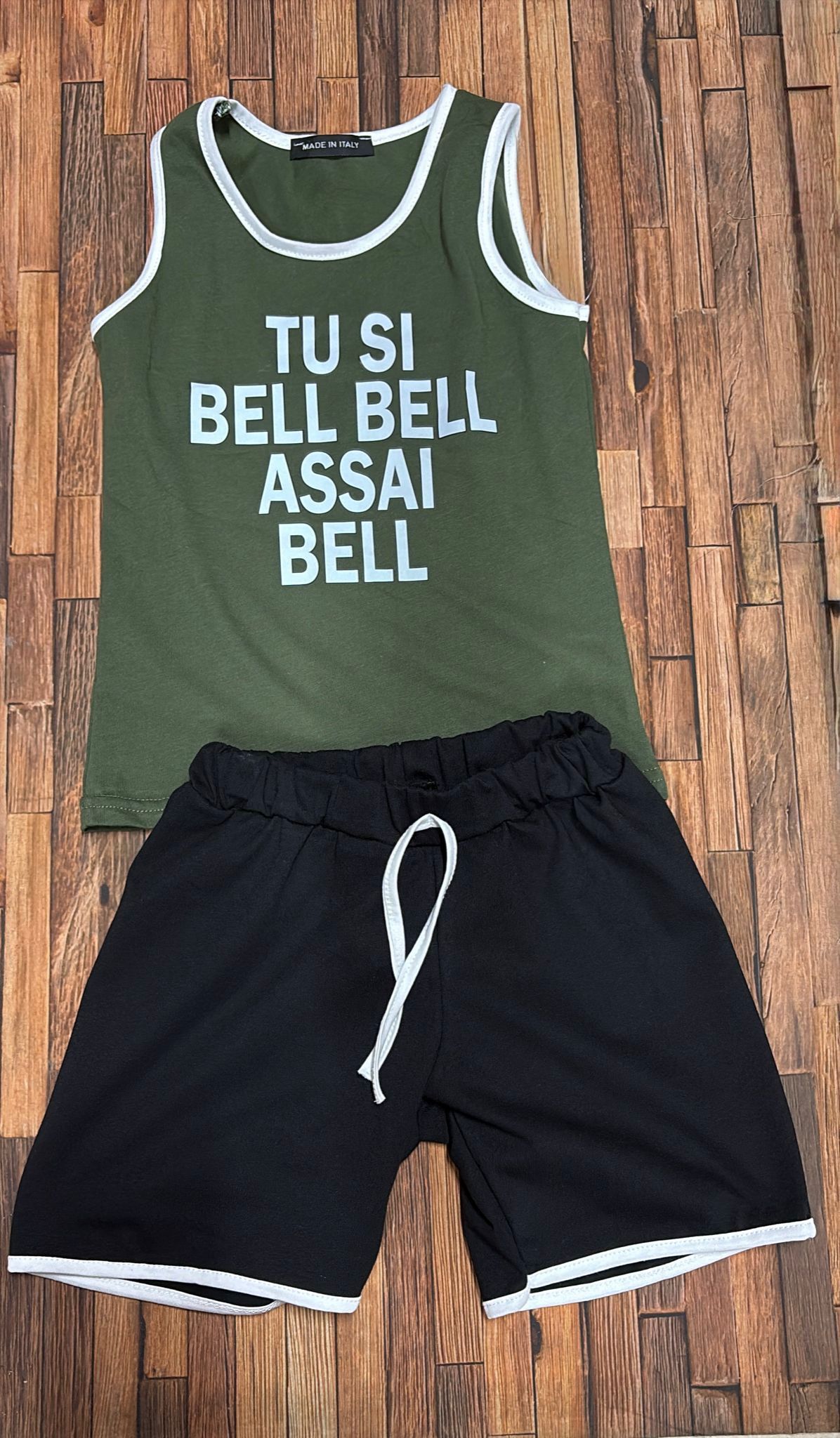 Completo Bambino frase di Geolier Canotta e Bermuda Estivo Made in Italy
