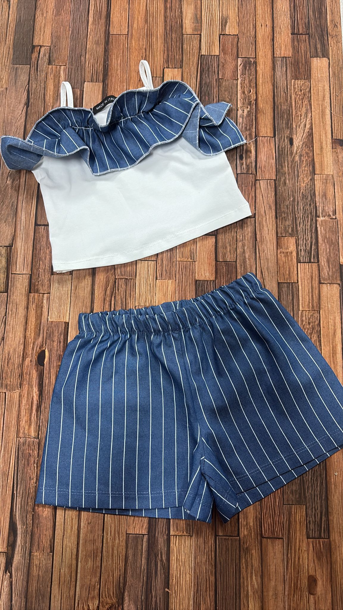 Completo Bimba Top con Volant e Pantaloncini Righe Jeans | Made in Italy