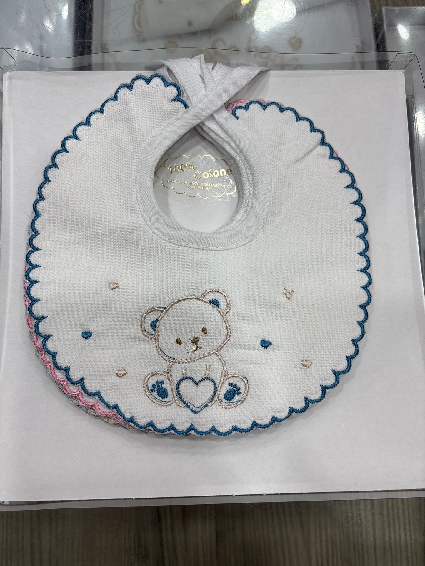 Bavetta Neonato in Piquet 100% Cotone IRGE con Ricamo Orsetto e Cuore