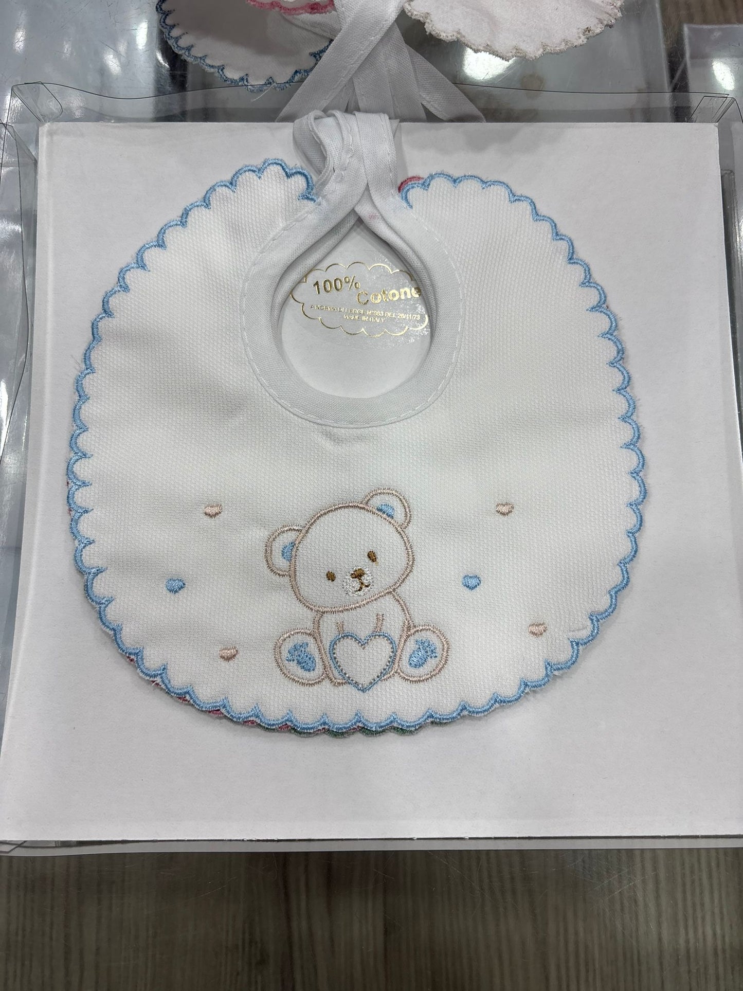 Bavetta Neonato in Piquet 100% Cotone IRGE con Ricamo Orsetto e Cuore