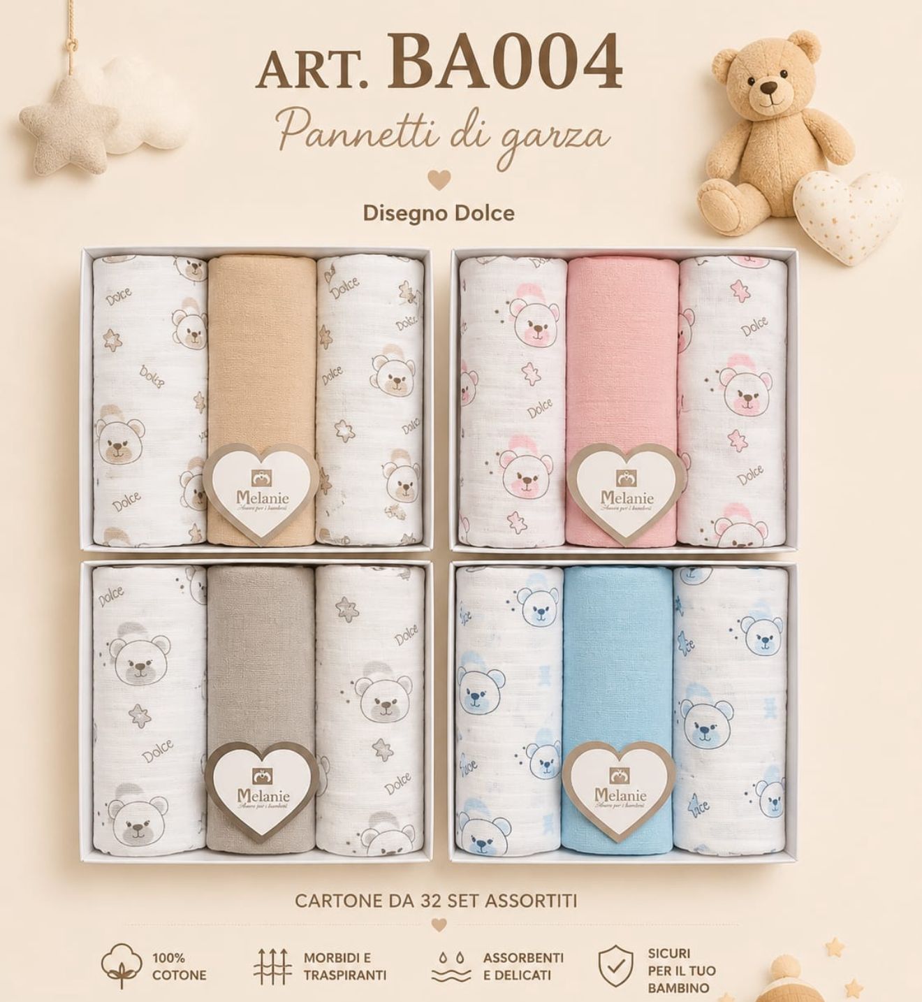 Quadrati di Garza Melanie Dolce 70x70 cm Set 3 Pezzi per Neonato Art. BA004