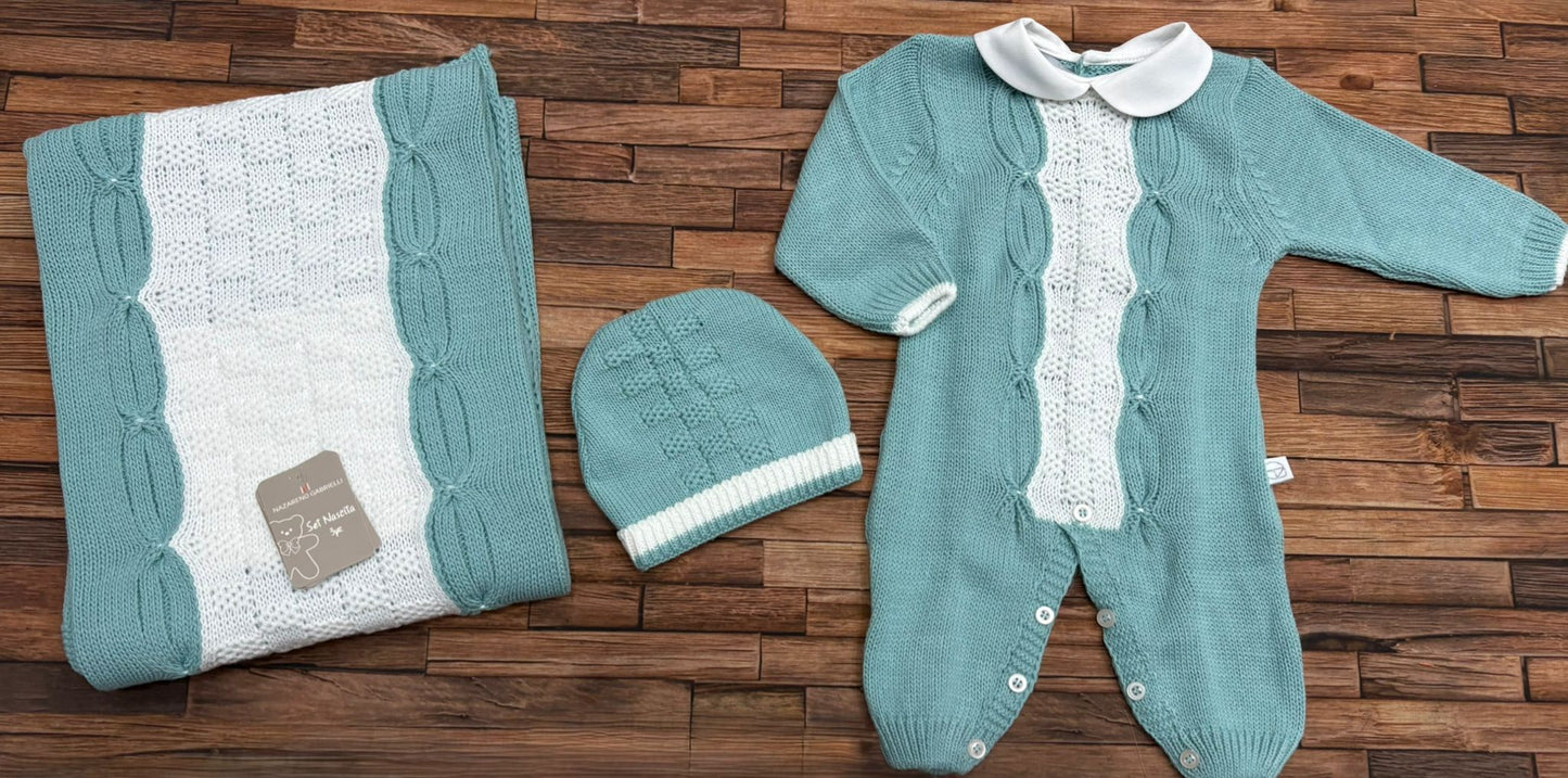 Set 3 Pezzi Neonato Nazareno Gabrielli NG-3488 Tutina Coperta e Cappellino 100% Acrilico