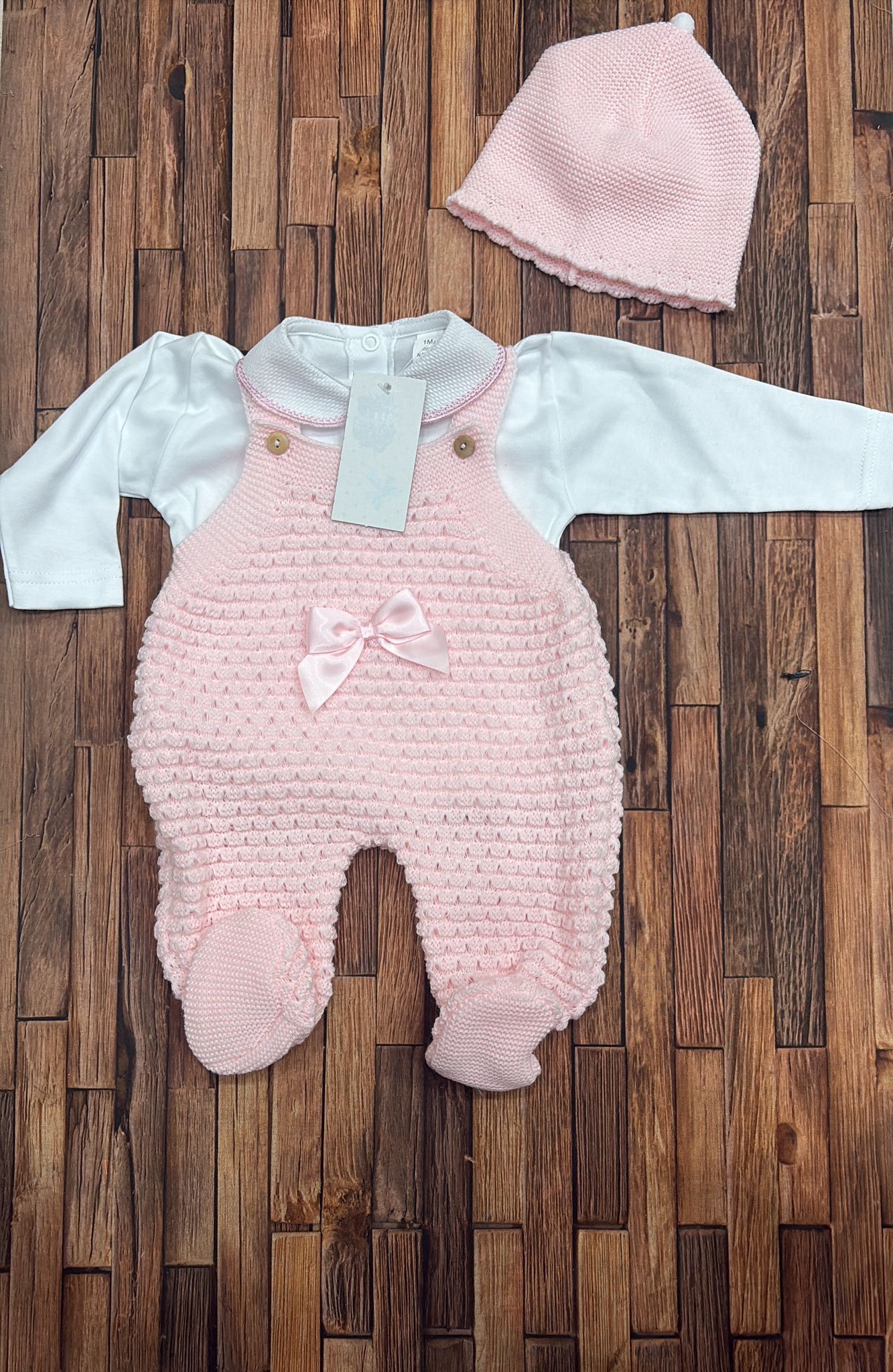 Salopette Neonato con Cappellino in Maglia Art. 0604 Beige Cielo Verde Salvia Rosa Panna Avio