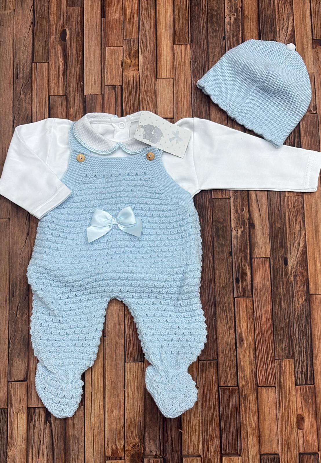 Salopette Neonato con Cappellino in Maglia Art. 0604 Beige Cielo Verde Salvia Rosa Panna Avio