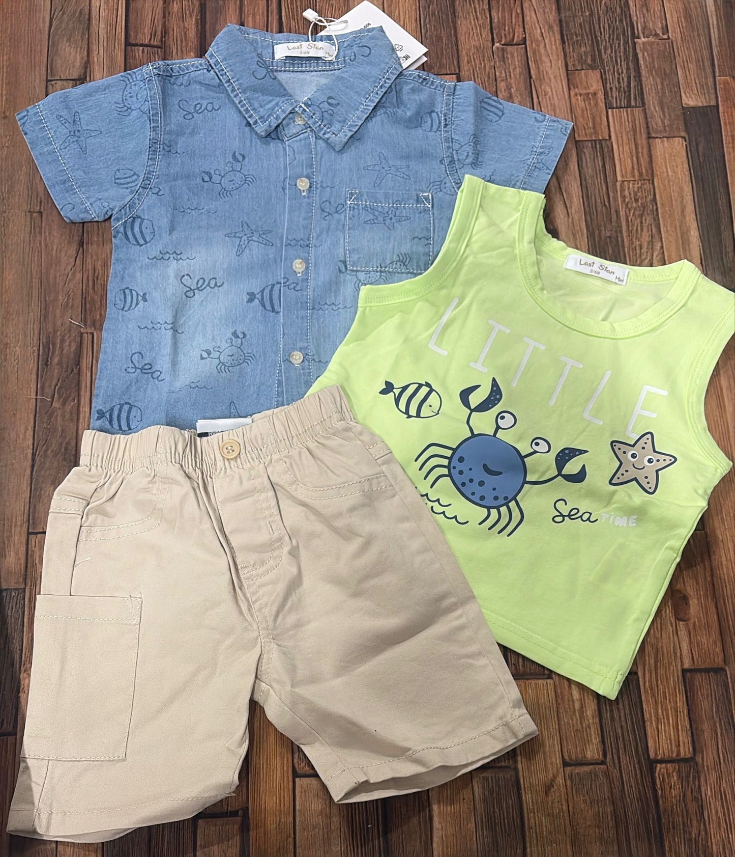 Completo Neonato 3 Pezzi Estivo Jeans e Beige – Art. NEO-606