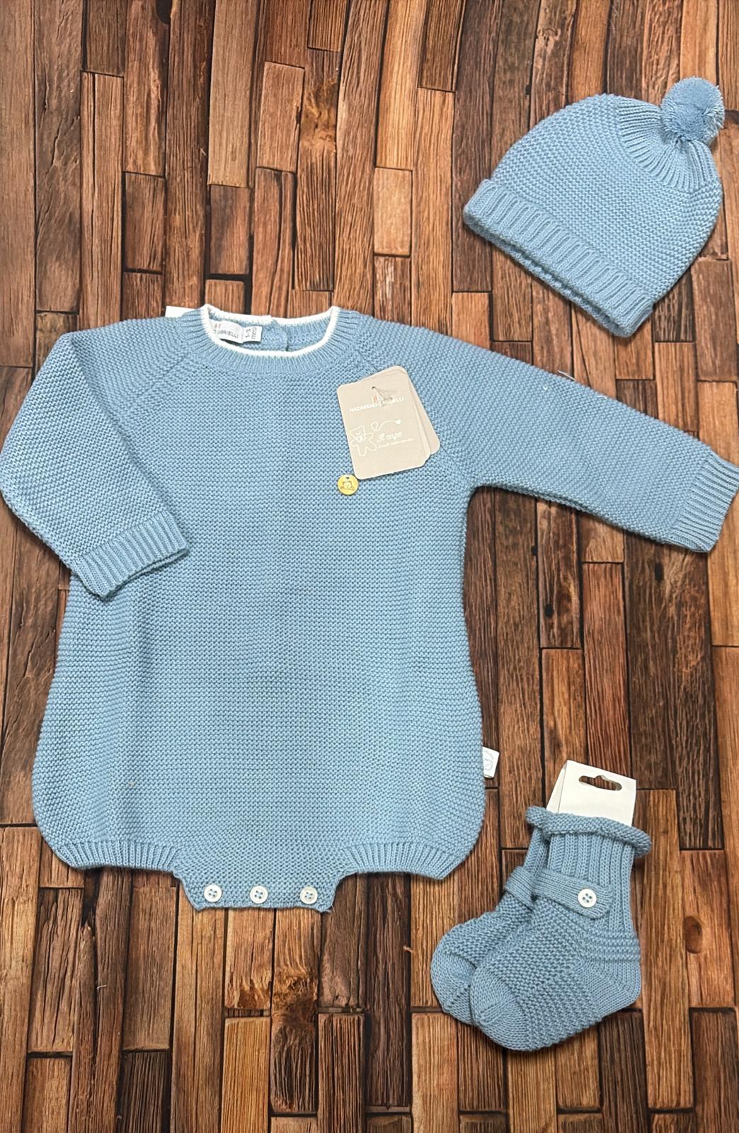Set 3 Pezzi Neonato in Maglia Nazareno Gabrielli – Pagliaccetto, Cappellino e Babbucce