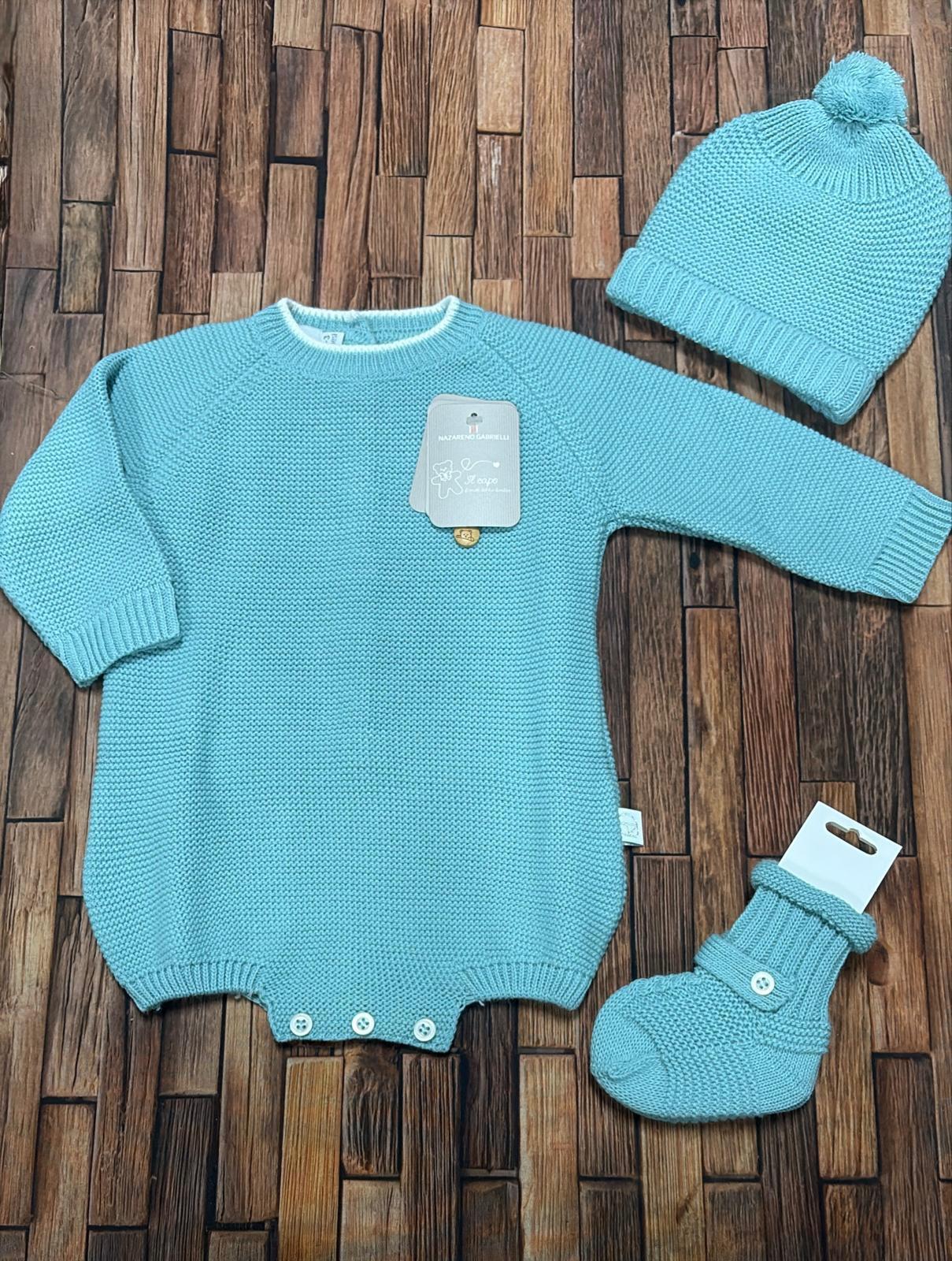 Set 3 Pezzi Neonato in Maglia Nazareno Gabrielli – Pagliaccetto, Cappellino e Babbucce