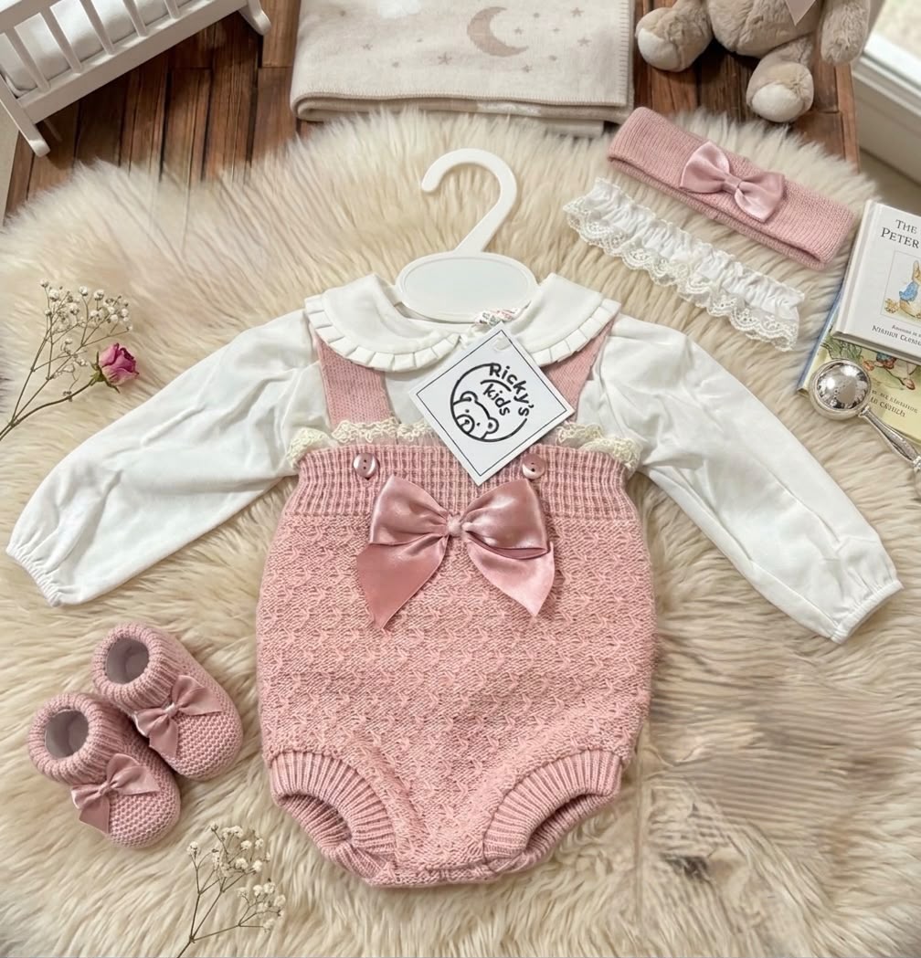 Pagliaccetto Neonato in Maglia con Fiocco – Rosa Cipria | Art. 1177