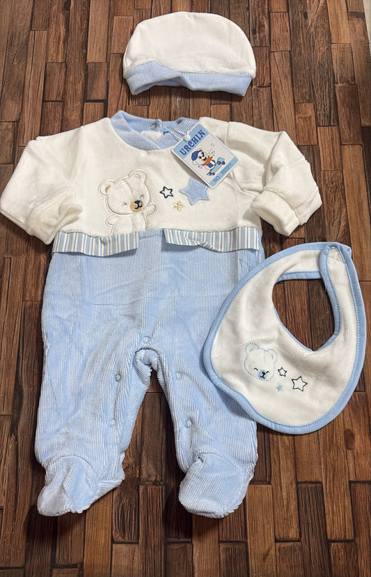 Tutina in Ciniglia Neonato con Bavetta e Cappellino