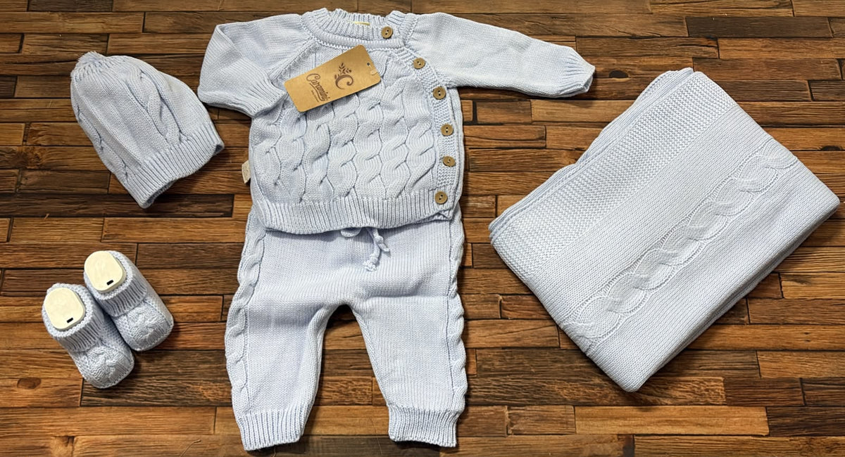 Set Nascita 5 Pezzi in Maglia Caramini con Scialle