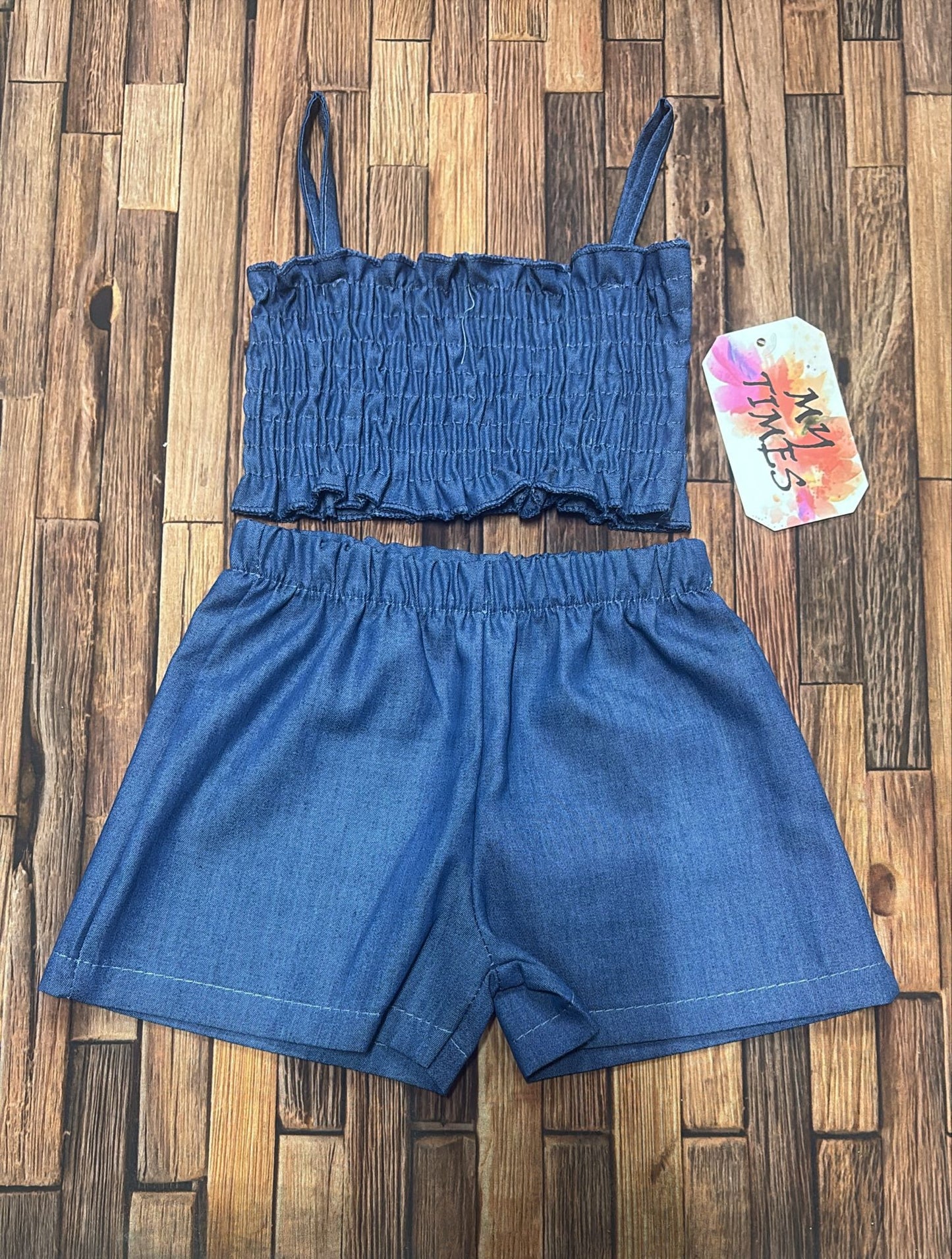 Completo Neonata in Jeans Chiaro con Top Arricciato e Shorts Estivi Made in Italy