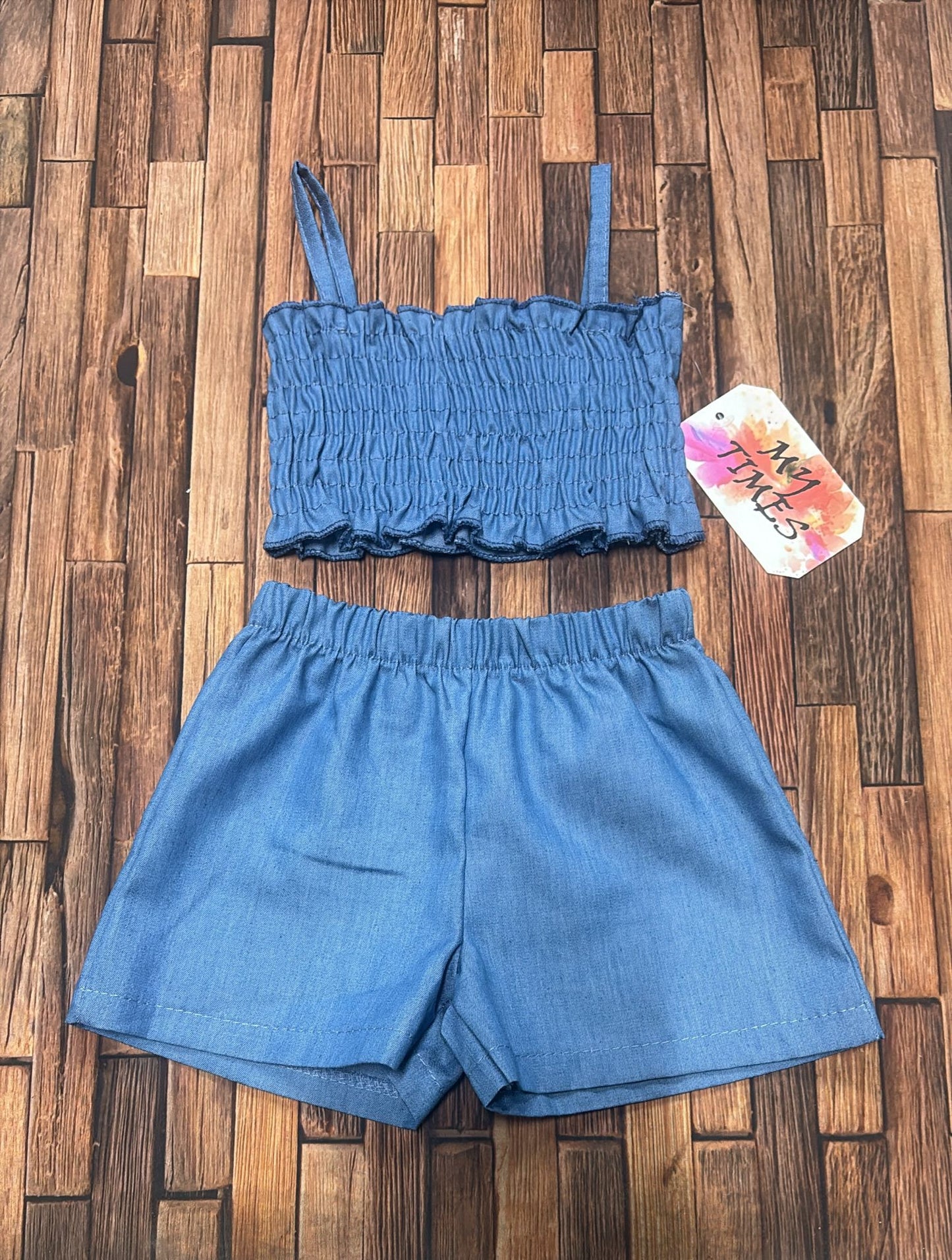 Completo Neonata in Jeans Chiaro con Top Arricciato e Shorts Estivi Made in Italy