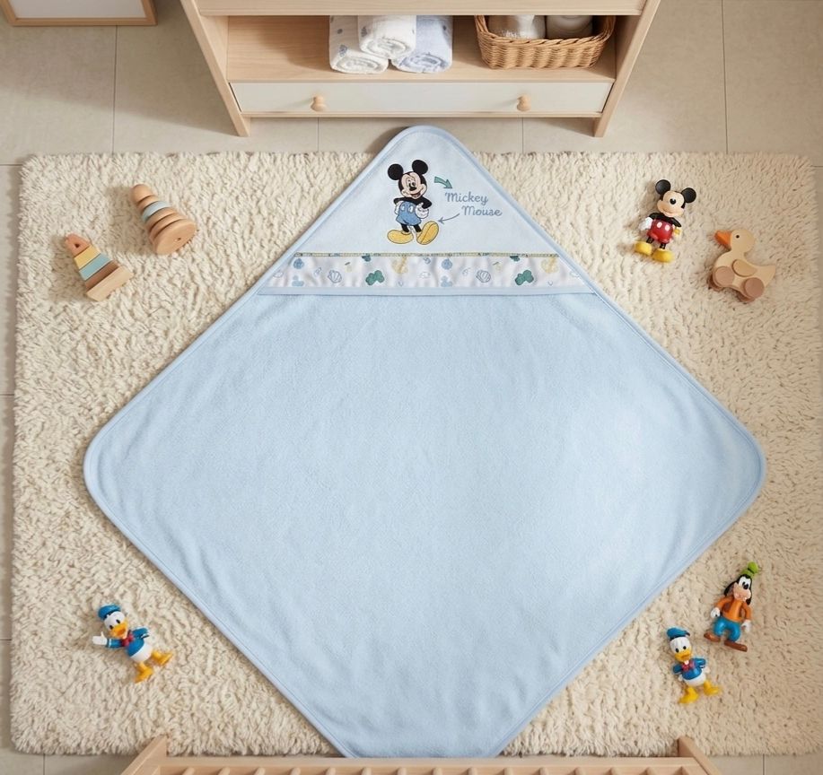 Accappatoio Neonato Disney Topolino con Cappuccio 70x70 Bianco Panna Cielo Made in Italy