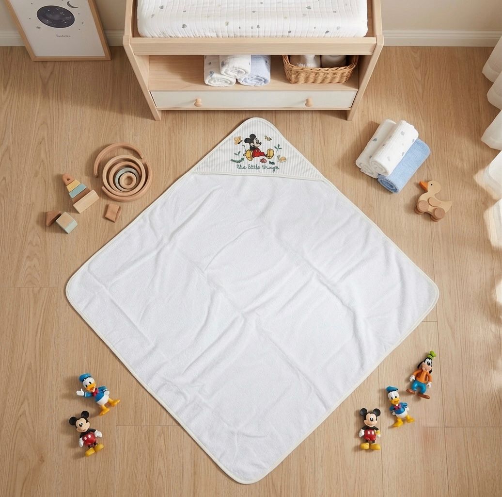 Accappatoio Neonato Disney Topolino con Cappuccio 70x70 Bianco Panna Cielo Made in Italy