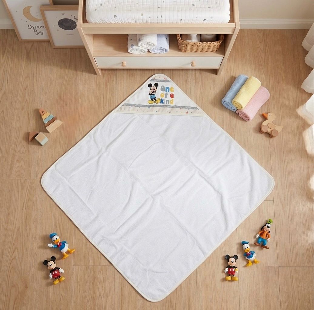 Accappatoio Neonato Disney Topolino con Cappuccio 70x70 Bianco Panna Cielo Made in Italy