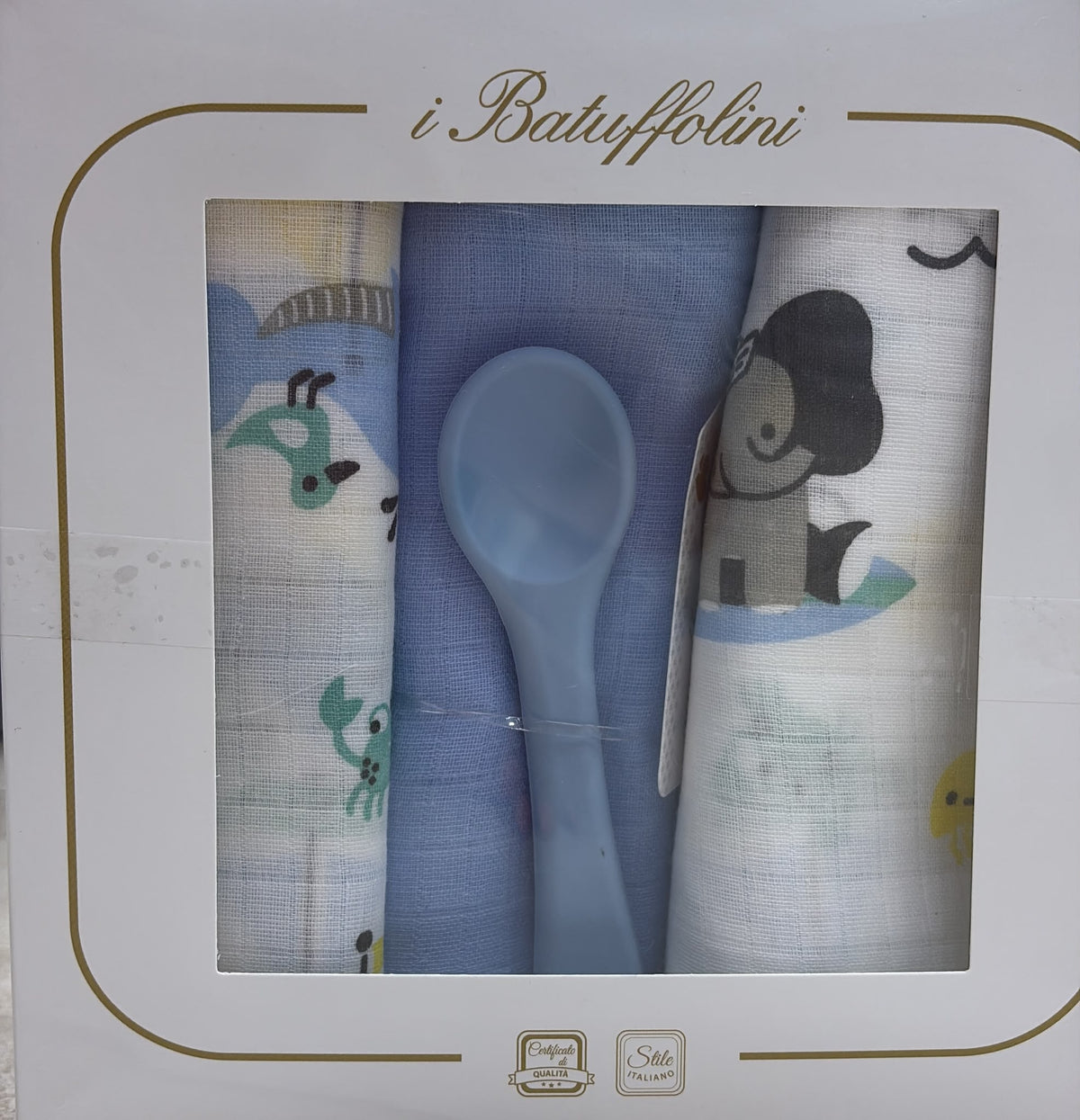 Set Mussole Neonato 3 Pezzi in Garza di Cotone con Gadget Silicone | I Batuffolini B552