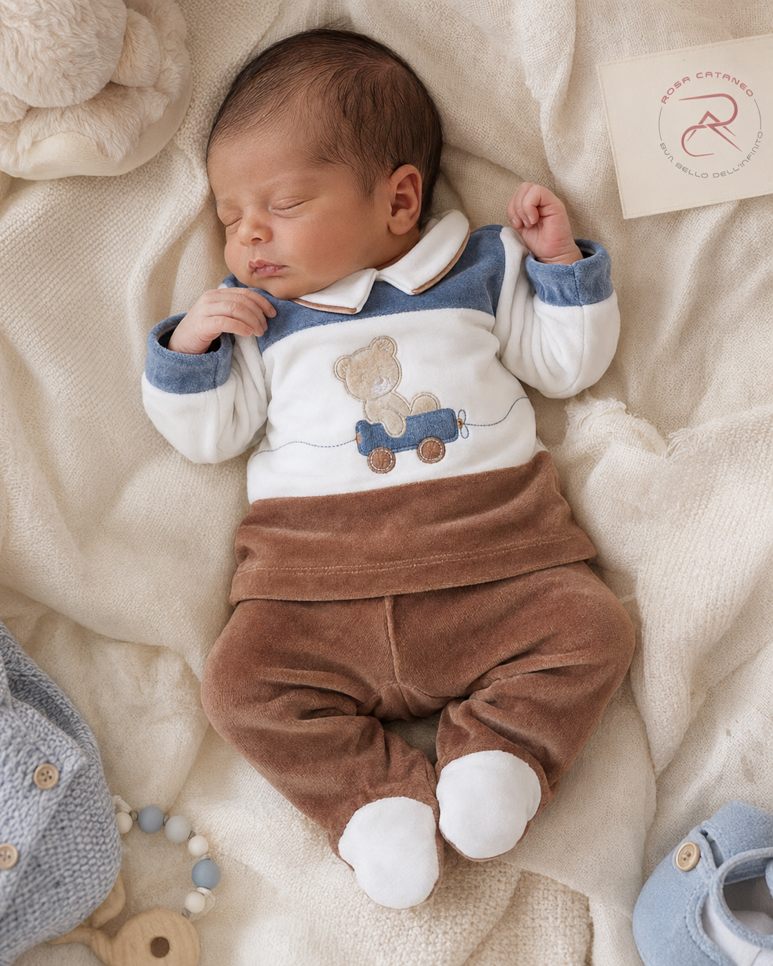 Clinico Neonato in Ciniglia Les Jolies – Completo Spezzato Nocciola con Orsetto