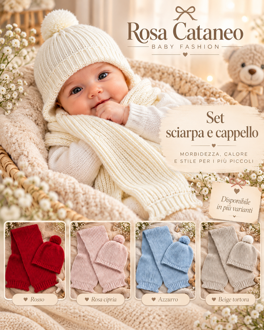 set neonato composto da cappellino con pon pon e sciarpa coordinata