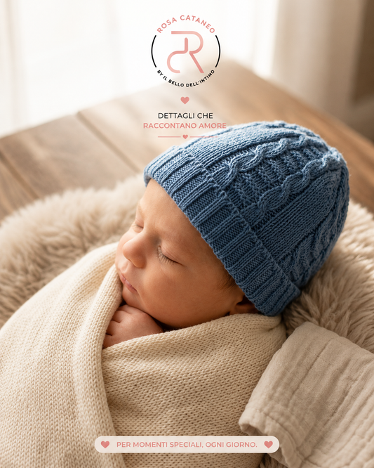 Cappellino Neonato in Cotone Avio Elegante Nascita – Rosa Cataneo