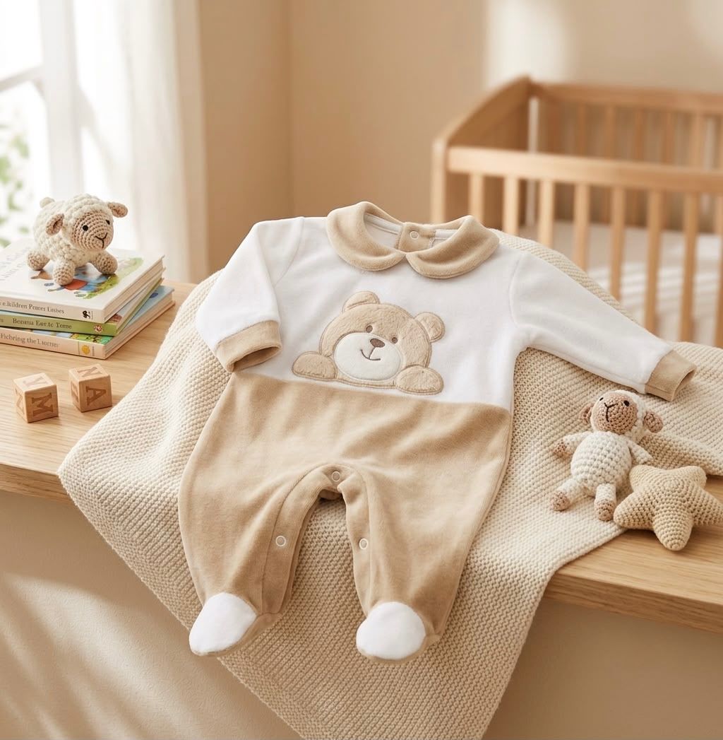 Tutina Neonato in Ciniglia con Orsetto Art. 30 510 – Panna/Biscotto e Panna/Verde