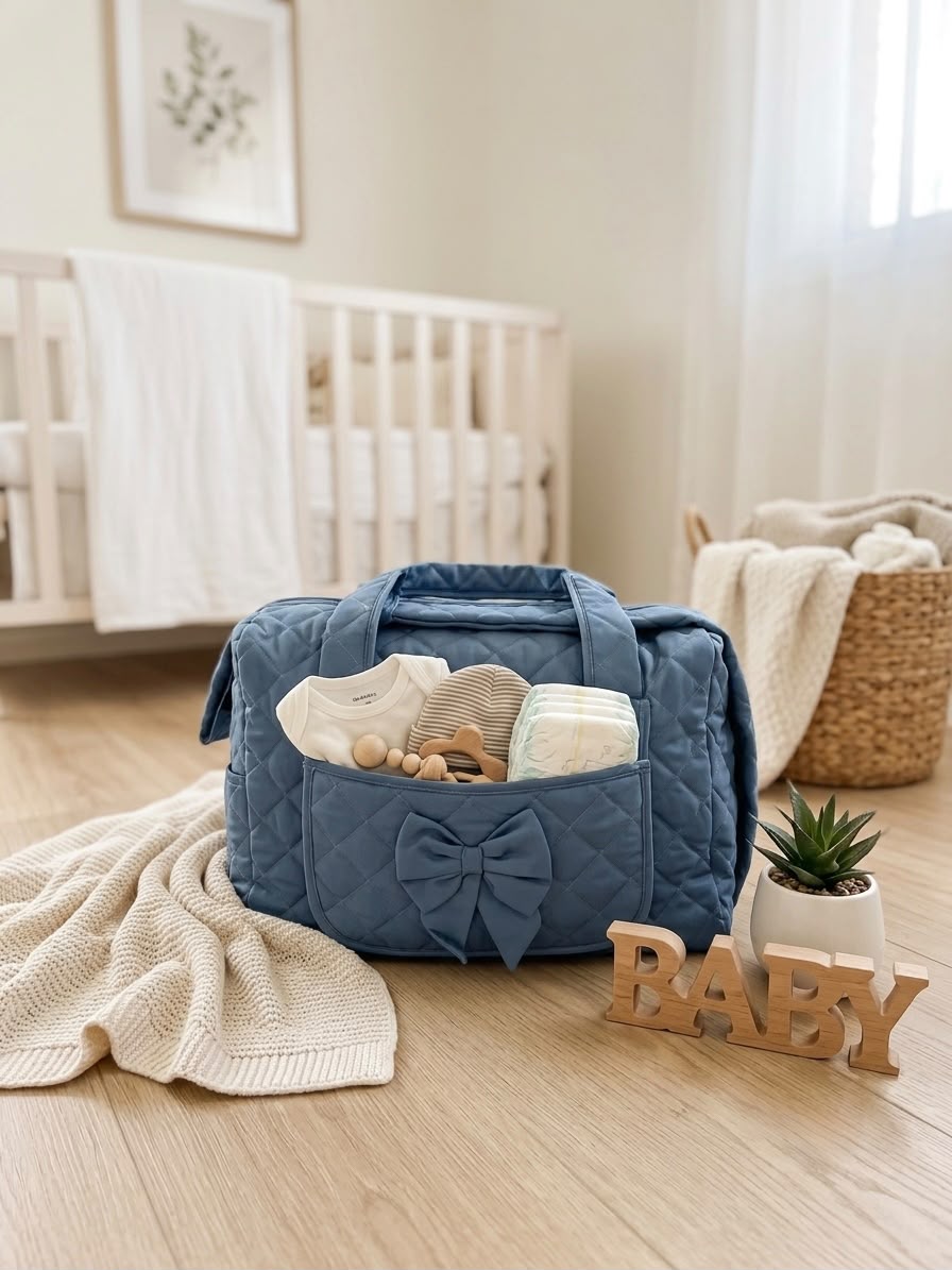 Borsa Fasciatoio Fiocco Ornella Trapuntata – Verde, Avio e Panna | Borsa Mamma e Neonato