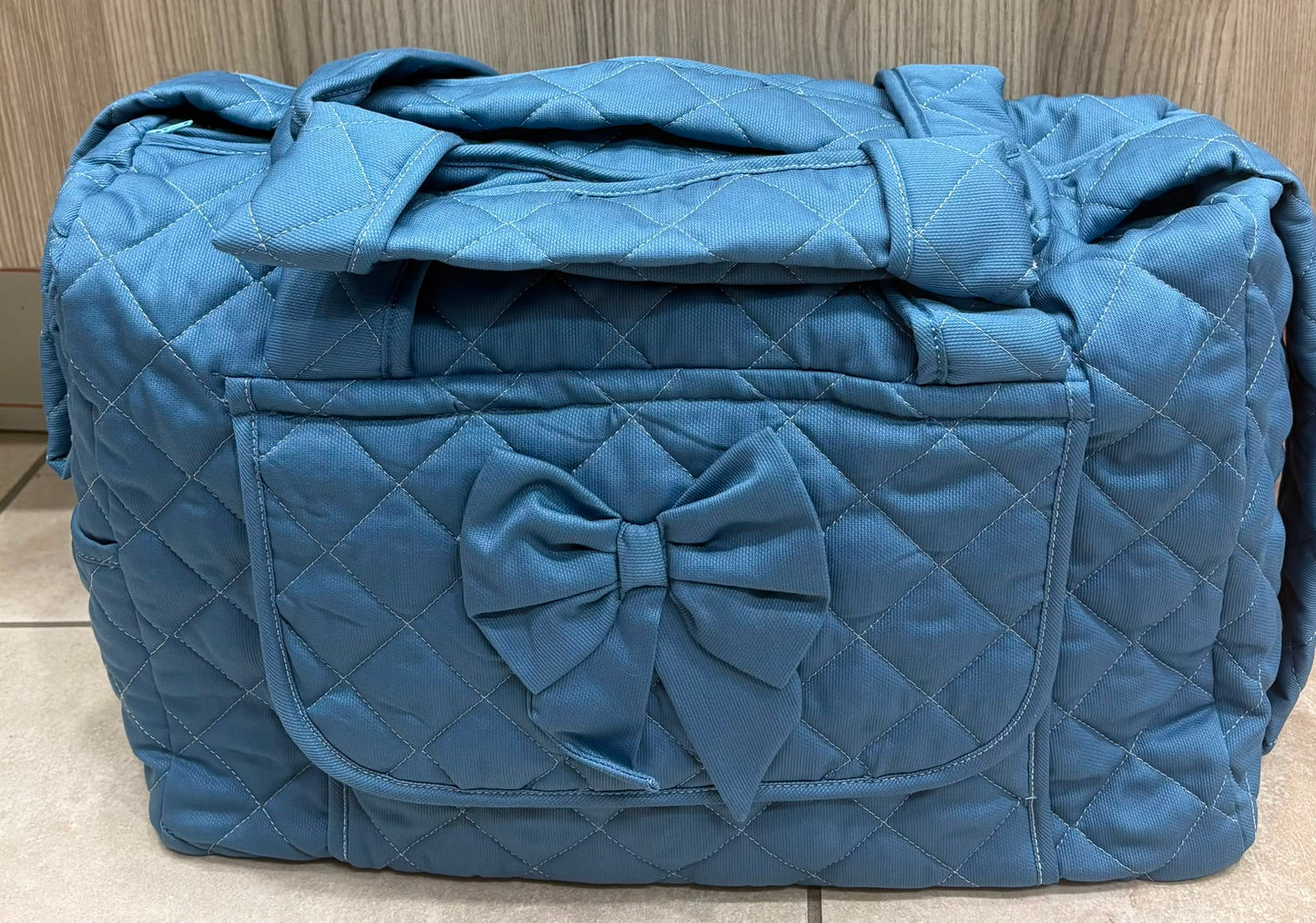 Borsa Fasciatoio Fiocco Ornella Trapuntata – Verde, Avio e Panna | Borsa Mamma e Neonato