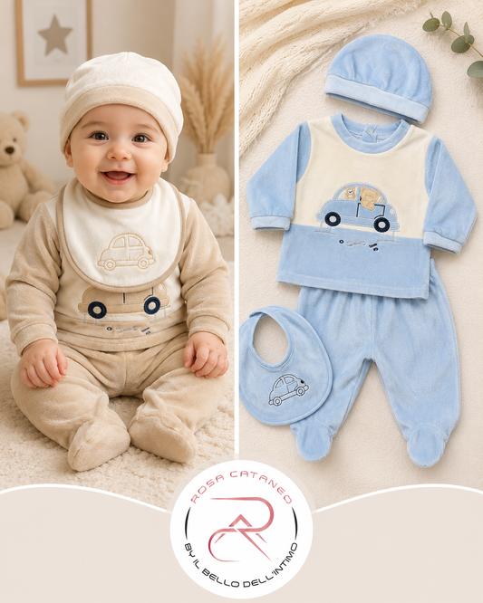 Tutina in Ciniglia Neonato con Bavetta e Cappellino