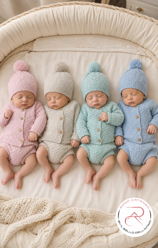 Completo Neonato in Maglia con Cappellino Ref. 350/2 Beige Cielo Verde Salvia Cipolla