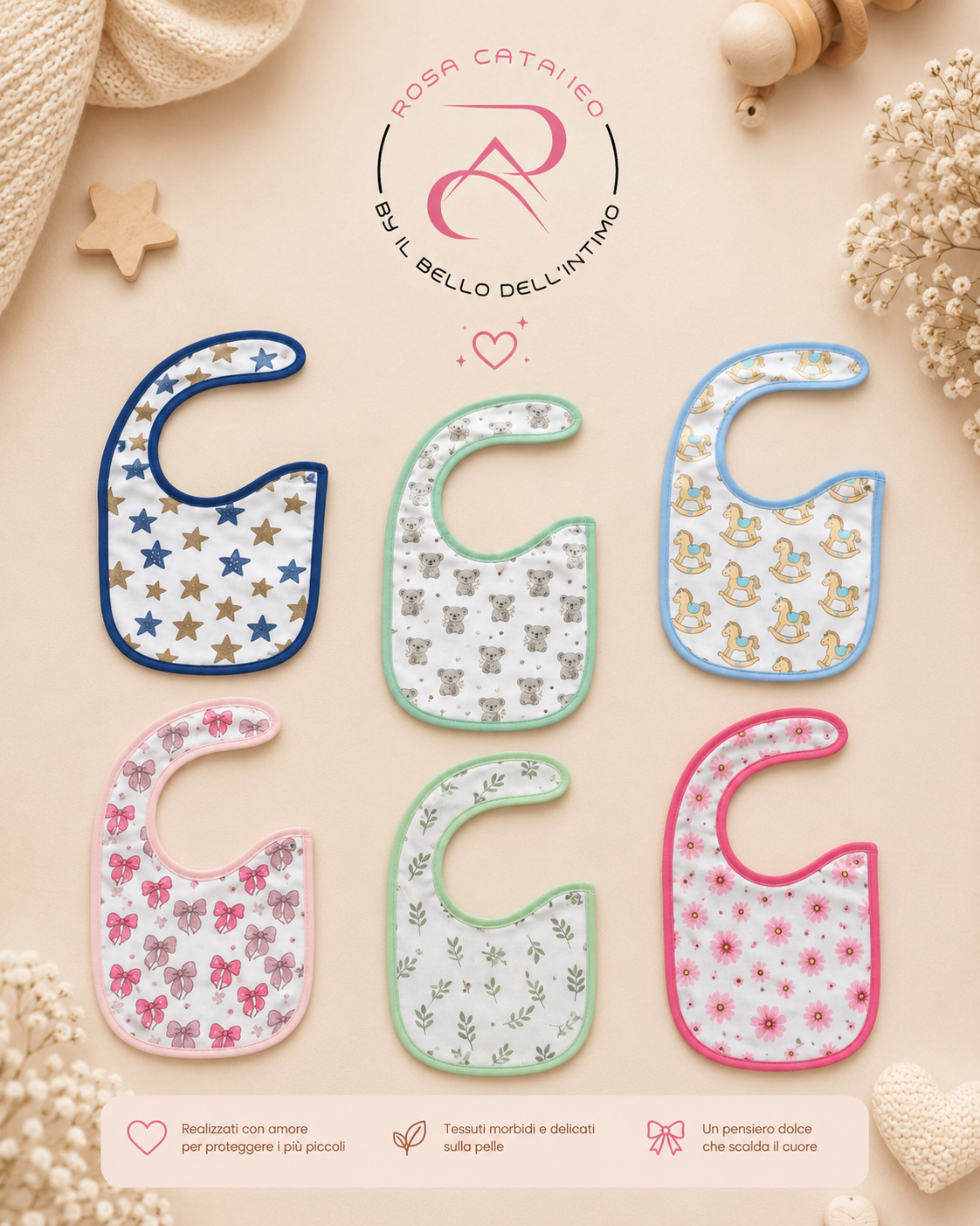 Set 6 Bavaglini Neonato in Cotone con Chiusura a Bottone – Bavetti Assorbenti Fantasia