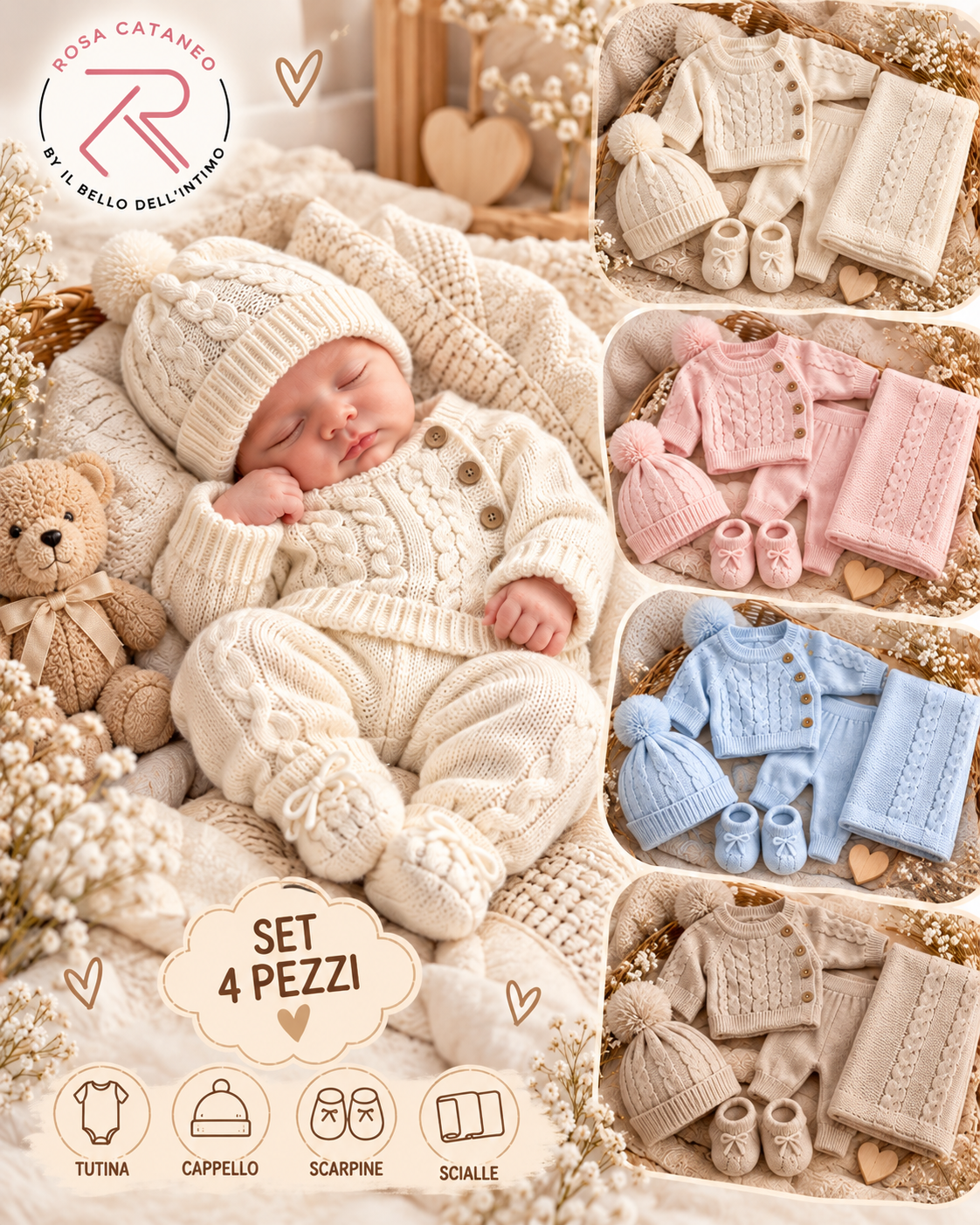 Set Nascita 5 Pezzi in Maglia Caramini con Scialle
