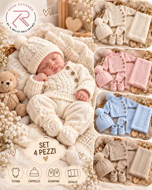 Set Nascita 5 Pezzi in Maglia Caramini con Scialle