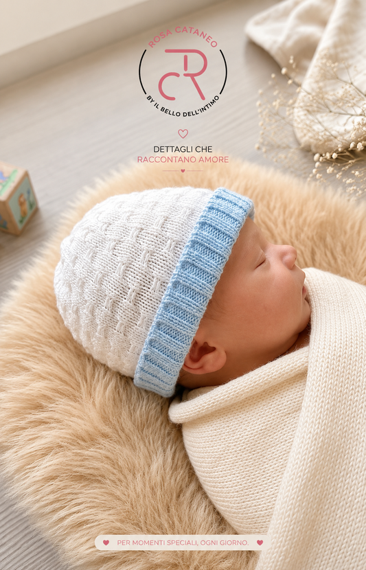Cappellino Neonato in Filo Cotone Bianco e Cielo Elegante Nascita