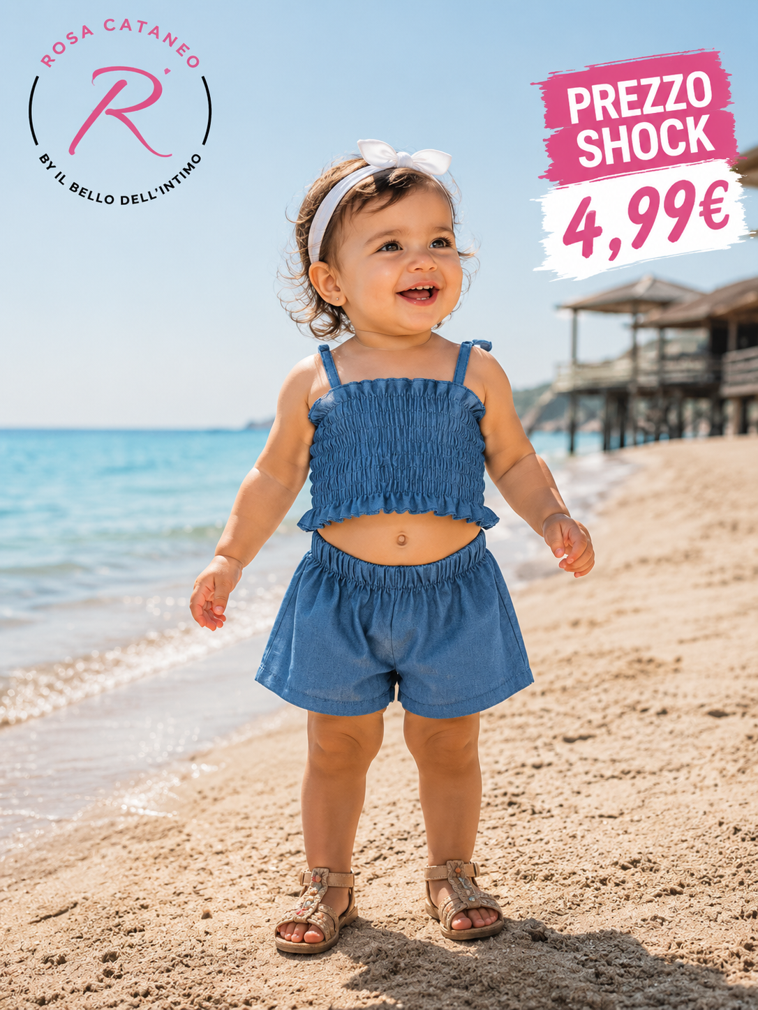 Completo Neonata in Jeans Chiaro con Top Arricciato e Shorts Estivi Made in Italy