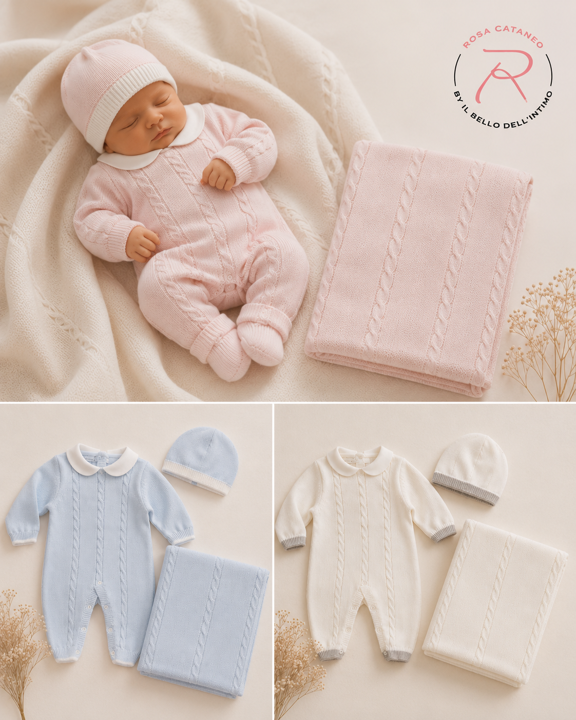 Set Nascita Neonato 3 Pezzi Nazareno Gabrielli NG-3488 Smacchinato con Copertina e Cappellino