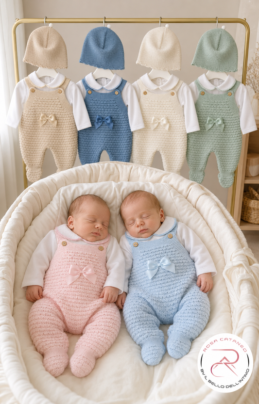 Salopette Neonato con Cappellino in Maglia Art. 0604 Beige Cielo Verde Salvia Rosa Panna Avio
