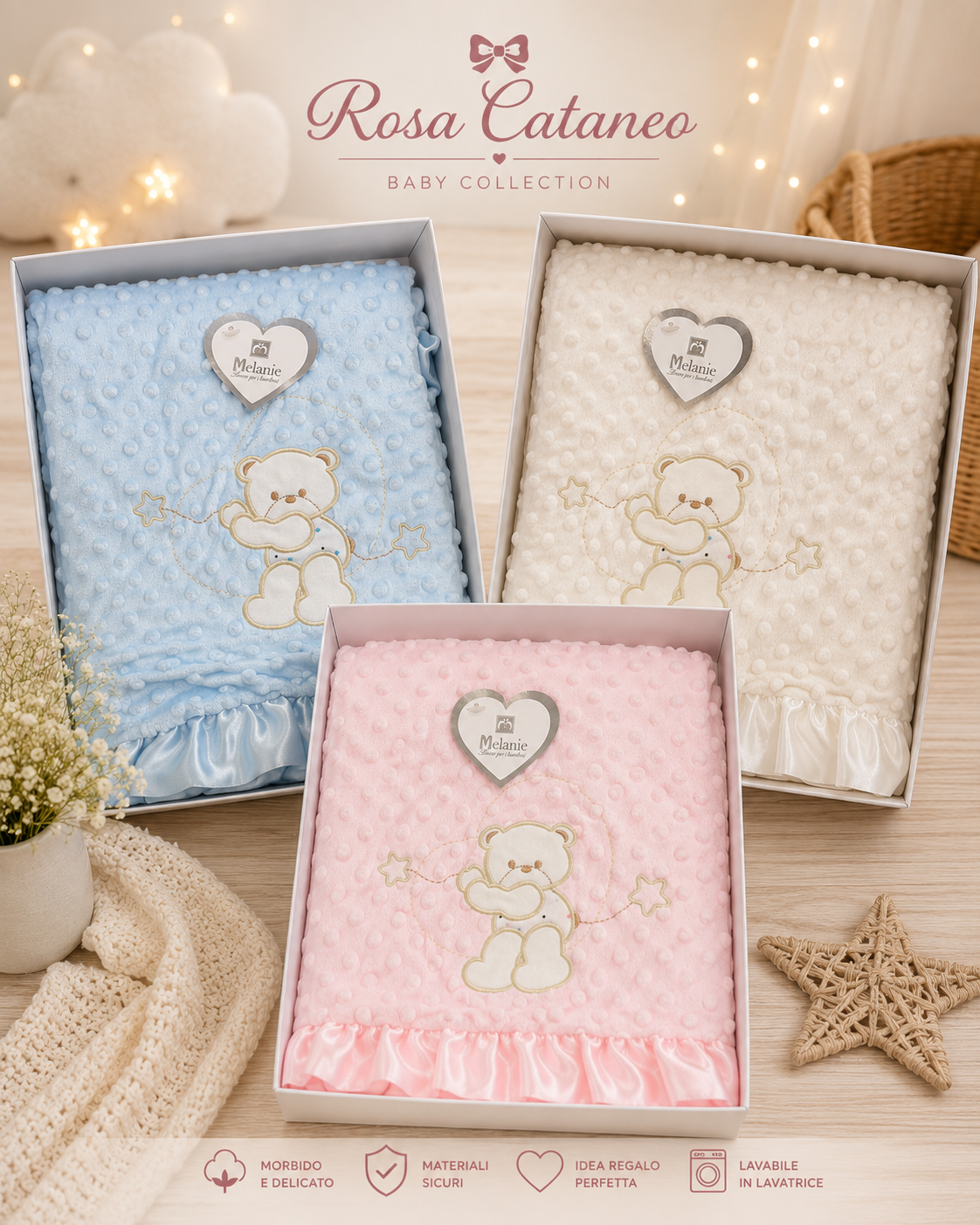 Copertina Neonato Melanie CP25 Ricamo 1 con Orsetto Ricamato e Balza in Raso – 100x130 cm