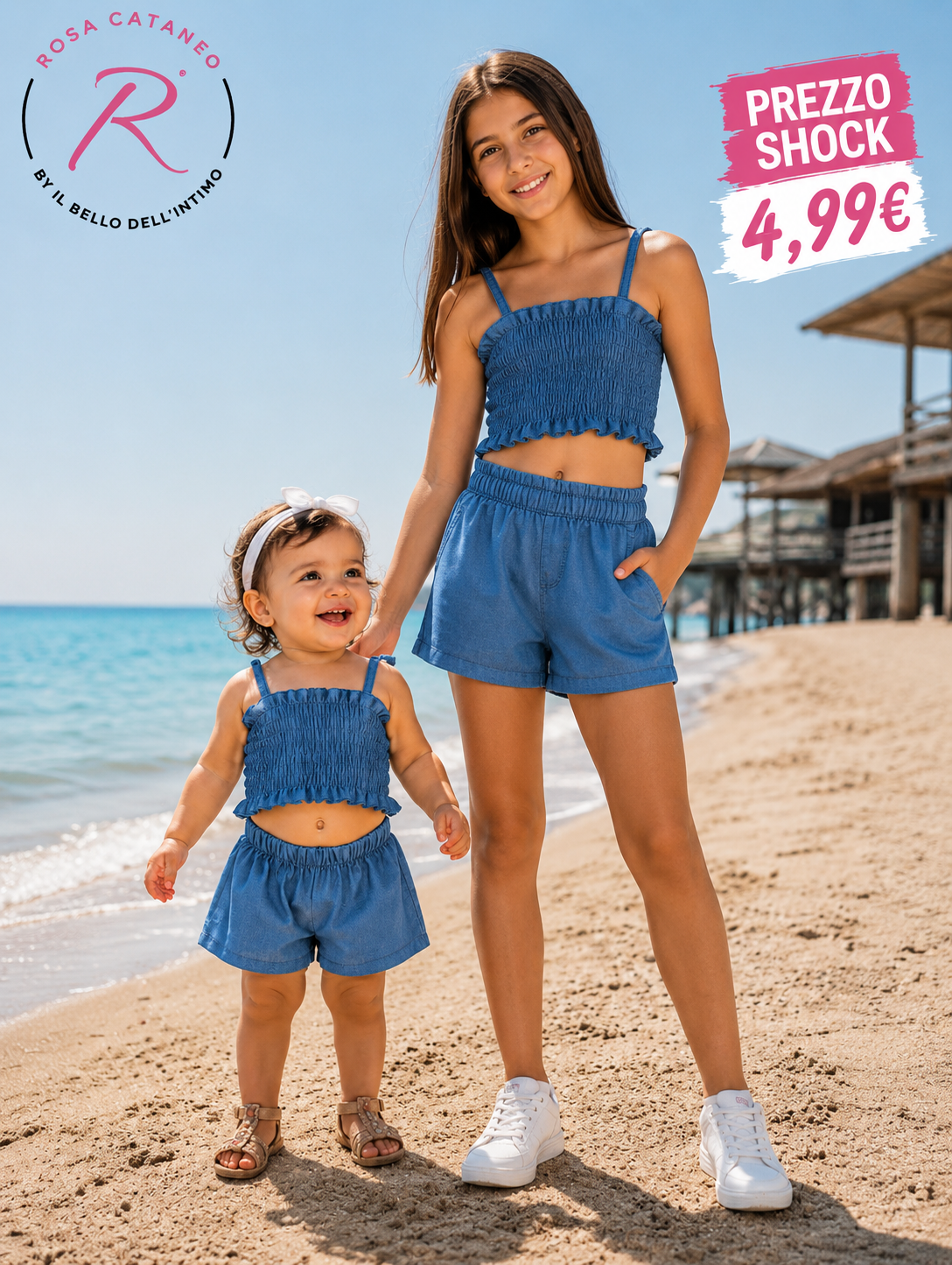 Completo Neonata in Jeans Chiaro con Top Arricciato e Shorts Estivi Made in Italy