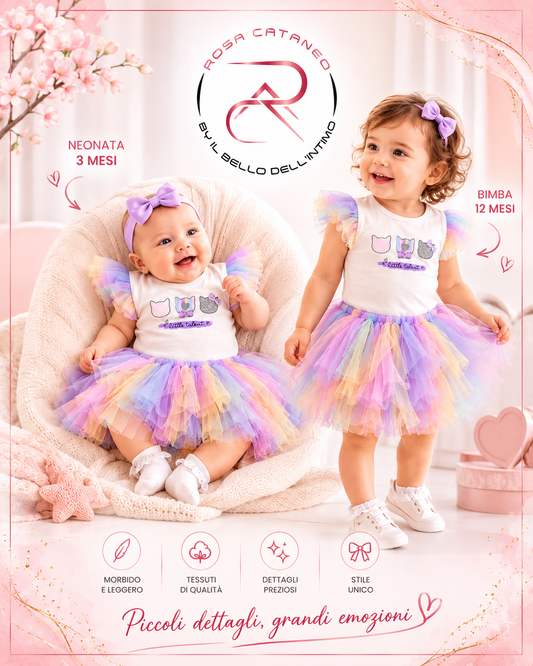 Completo Neonata con Gonna Tutu Arcobaleno in Tulle – Vestito Elegante Bambina