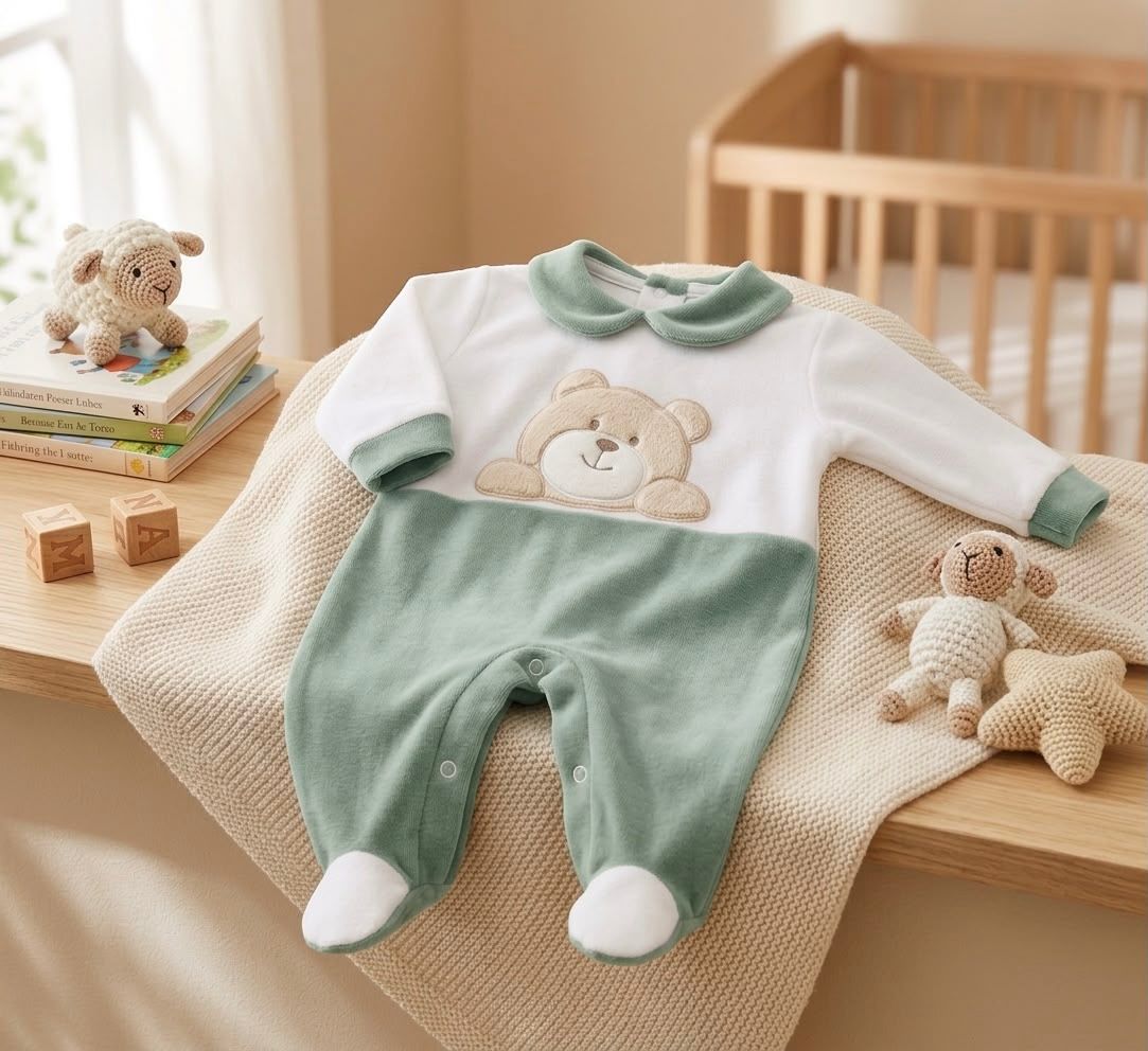 Tutina Neonato in Ciniglia con Orsetto Art. 30 510 – Panna/Biscotto e Panna/Verde
