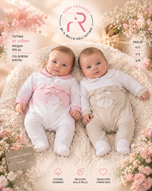 Tutina Neonato in Cotone Nazareno Gabrielli Bianco e Rosa con Fiocco e Pizzo
