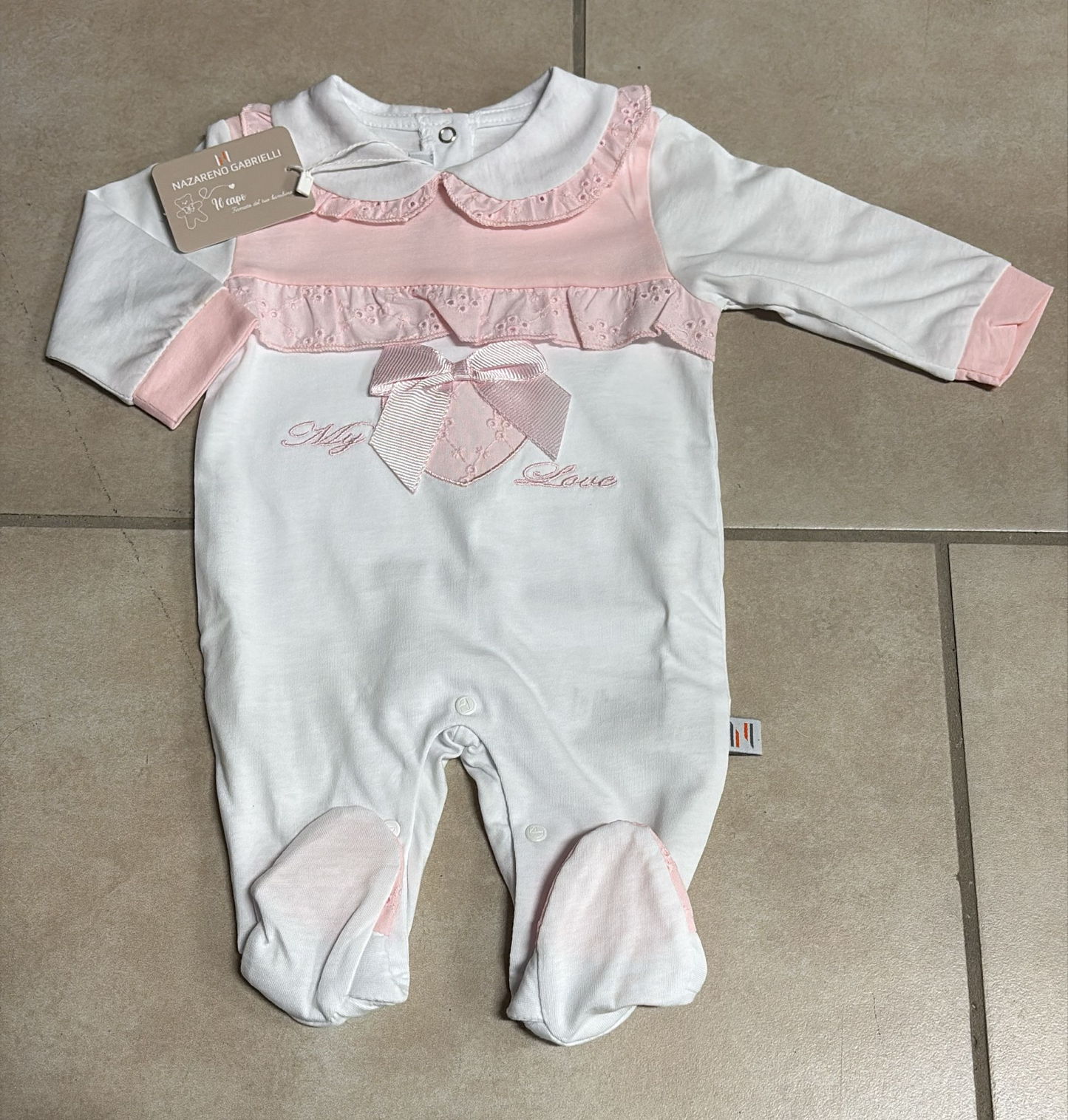 Tutina Neonato in Cotone Nazareno Gabrielli Bianco e Rosa con Fiocco e Pizzo